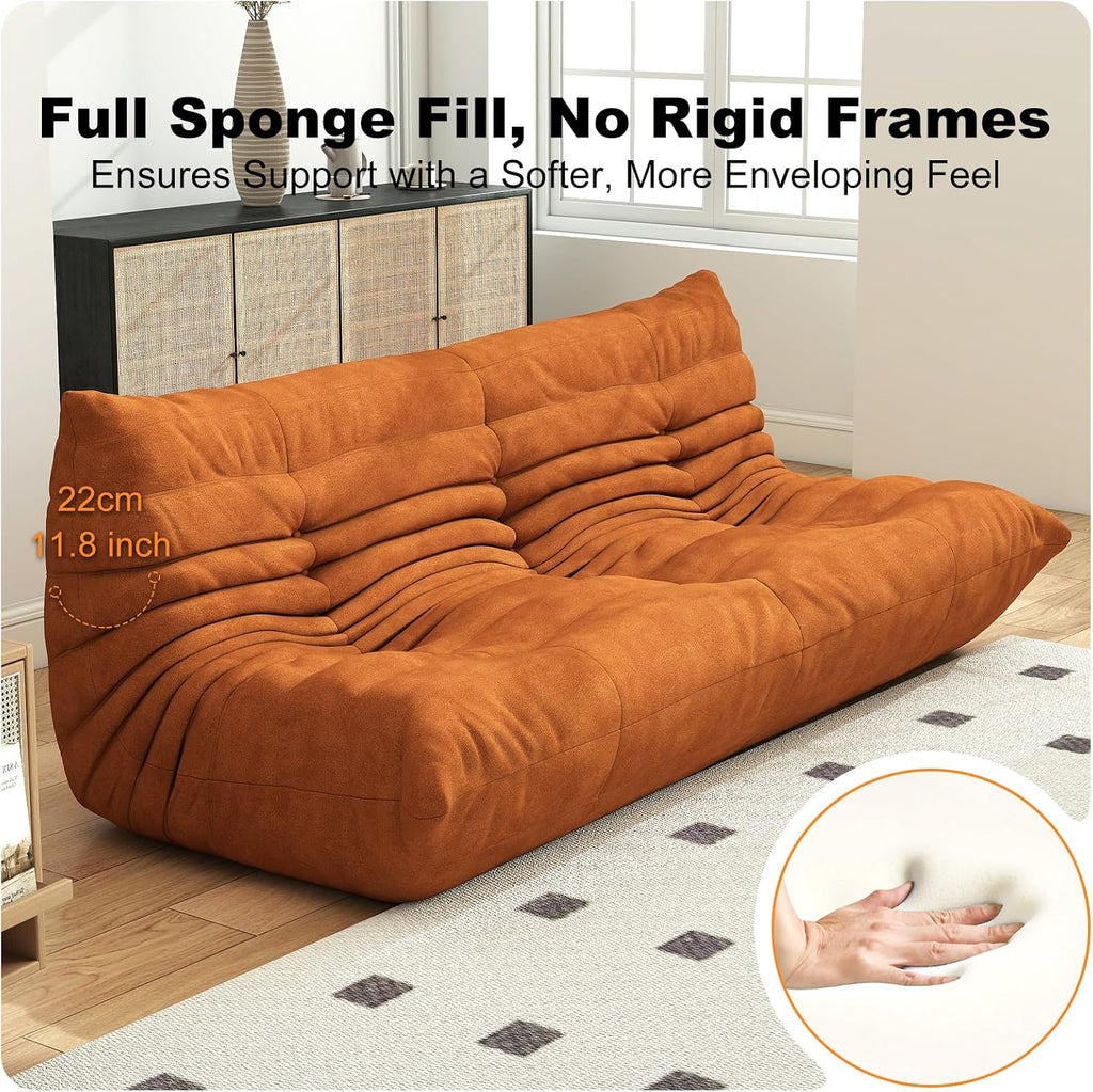 Full Foam Three Seater Sofa – Bean Bag Chairs Floor Couch for Adults, Waterproof Upholstery, Armless Fireside Lounge Chair for Living Room, Apartment, or Office (DarkOrange)