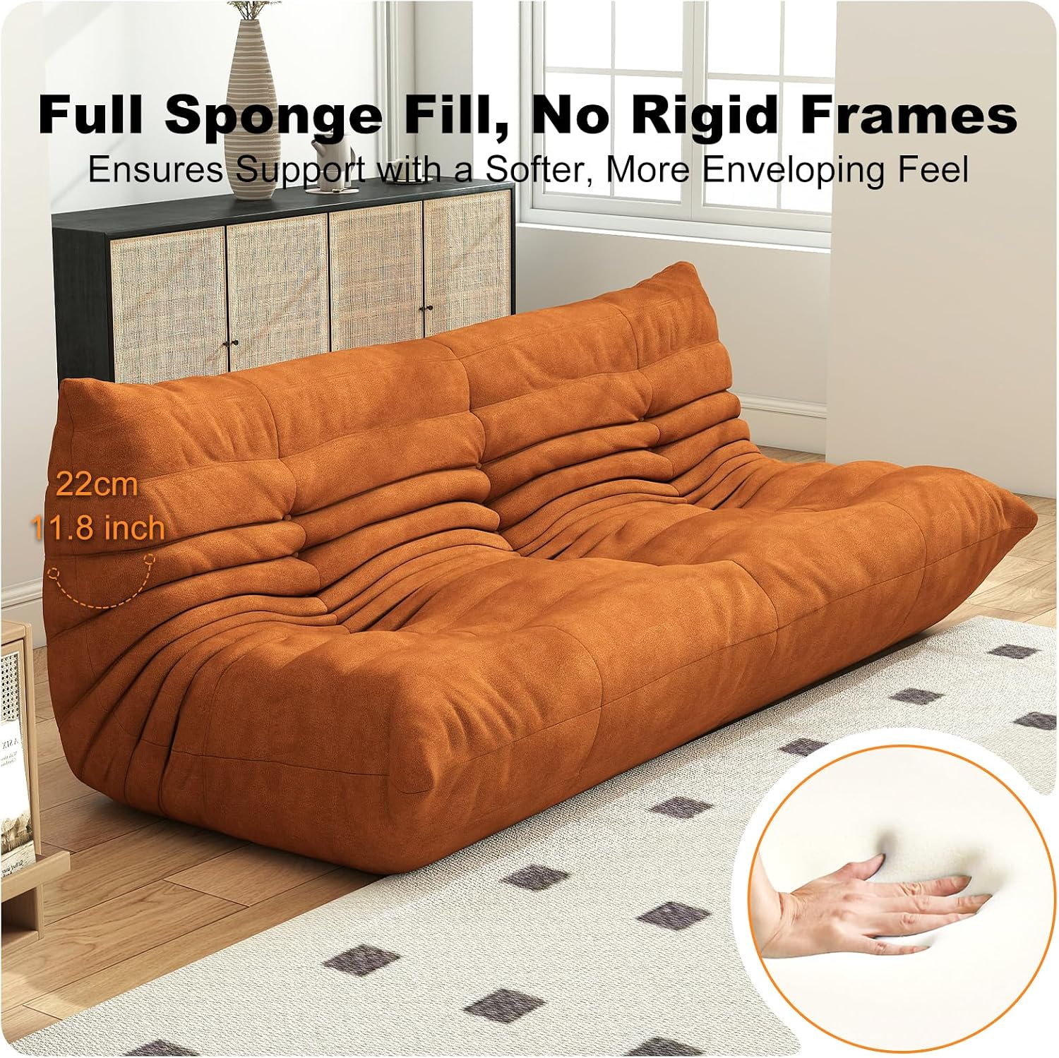 Full Foam Three Seater Sofa – Bean Bag Chairs Floor Couch for Adults, Waterproof Upholstery, Armless Fireside Lounge Chair for Living Room, Apartment, or Office (DarkOrange)