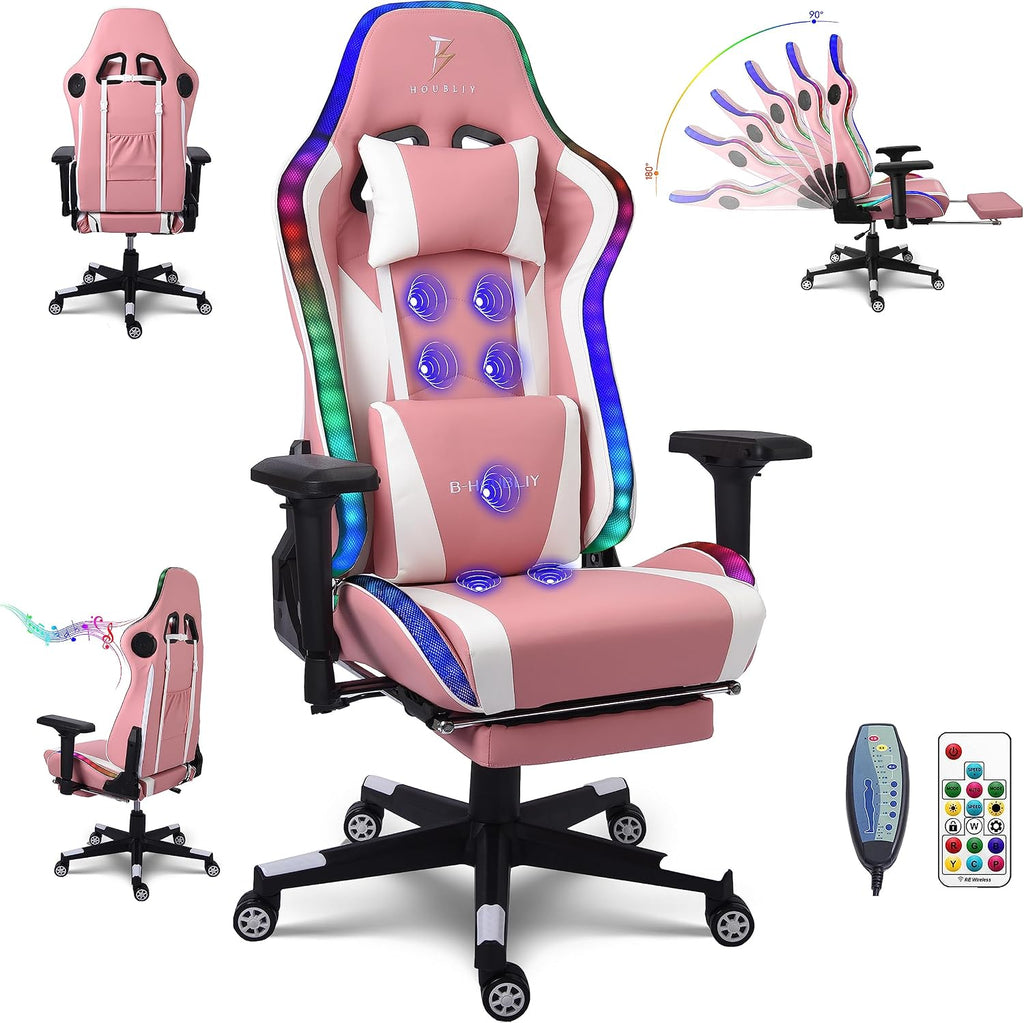 PC and Racing Game Chair,Massage Gaming Chair with Speakers, Ergonomic Chair with Headrest and Lumbar Support,Music Video Chair for Adults with RGB Light and Footrest,Backrest Adjustable.,Pin
