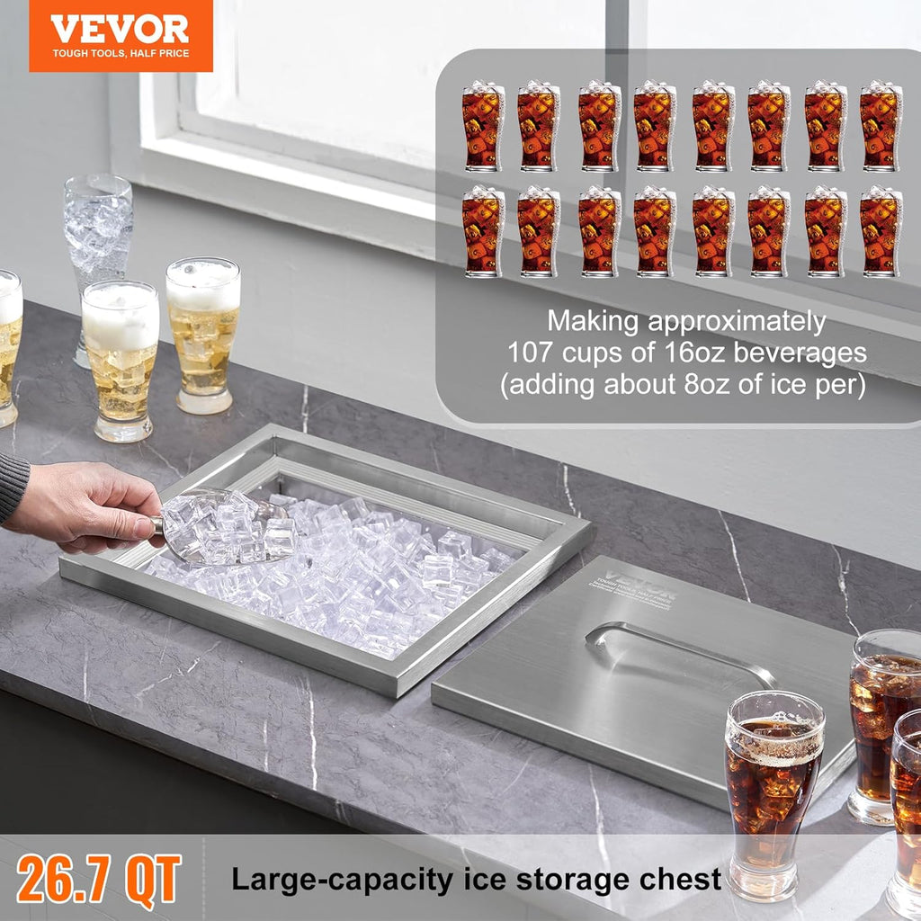 VEVOR Drop in Ice Chest, 14' L x 12' W x 18' H Stainless Steel Ice Cooler, Commercial Ice Bin with Cover, 40 qt Outdoor Kitchen Ice Bar, Drain-Pipe and Drain Plug Included, for Cold Wine Beer