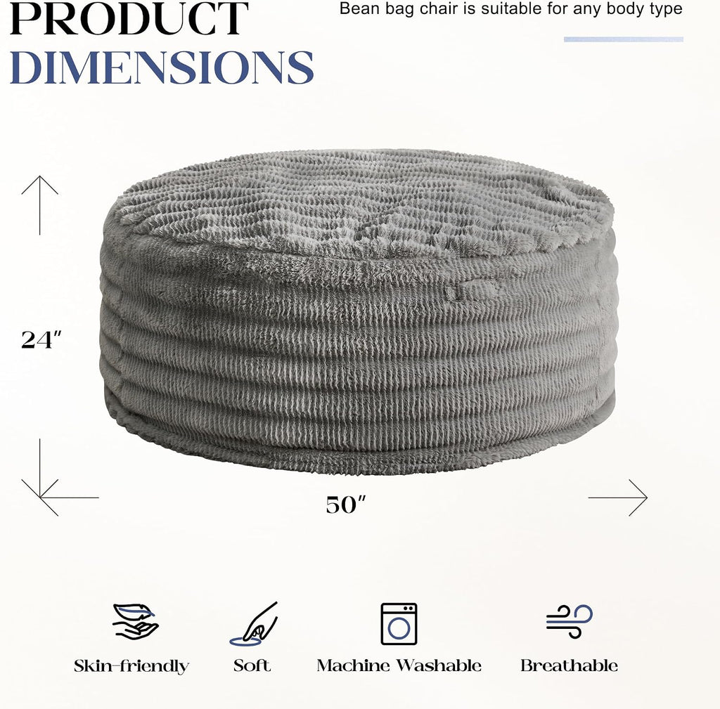 Hobestluk Bean Bag Chairs Beanbag Chair with Filler Adult Bean Bags with Fluffy Ripple Cover, Giant Bean Bag Chairs for Adults (Grey, 5FT - 50' x 50' x 24')