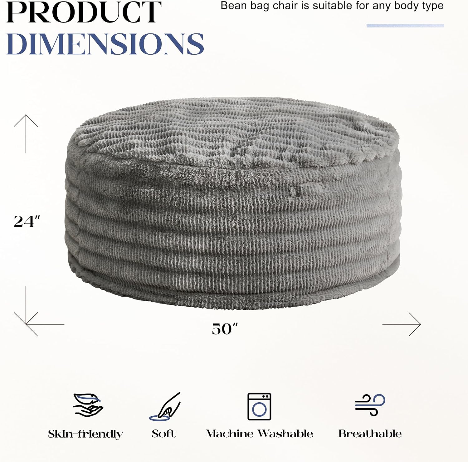 Hobestluk Bean Bag Chairs Beanbag Chair with Filler Adult Bean Bags with Fluffy Ripple Cover, Giant Bean Bag Chairs for Adults (Grey, 5FT - 50' x 50' x 24')