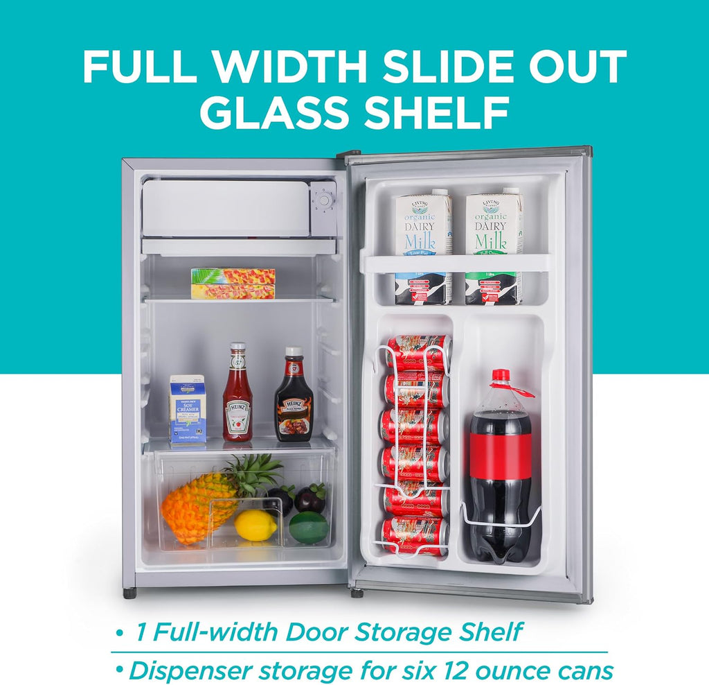 BLACK+DECKER 3.2 Cu. Ft. Compact Refrigerator, ENERGY STAR Small Refrigerator, Single Door Mini Fridge with Chiller Compartment, Personal Fridge for Home or Dorm Room, BCRK32V, Stainless Look