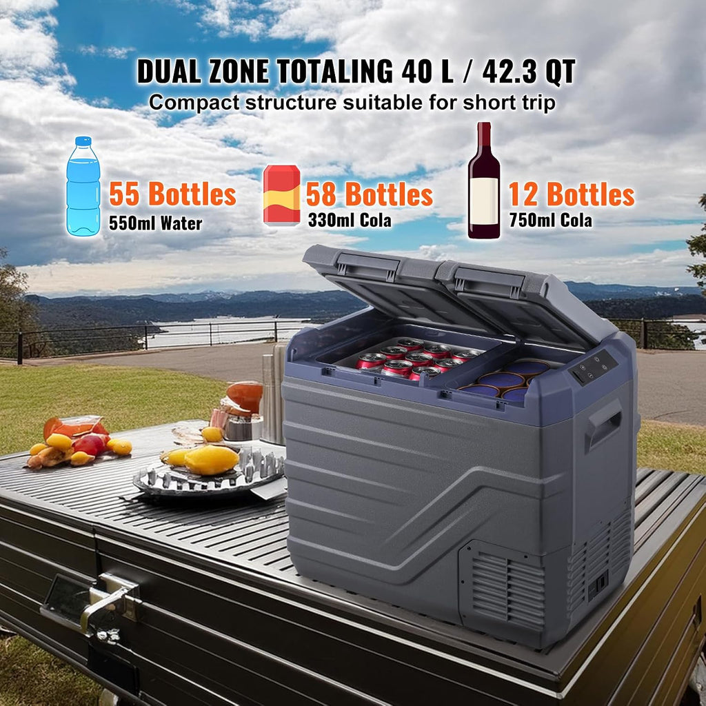 Happybuy 40L Car Refrigerator, 12V Dual Zone Fridge, Portable Freezer, -4℉-68℉ Adjustable Range, 12/24V DC & 100-240V AC Compressor Cooler for Outdoor, Camping, RV