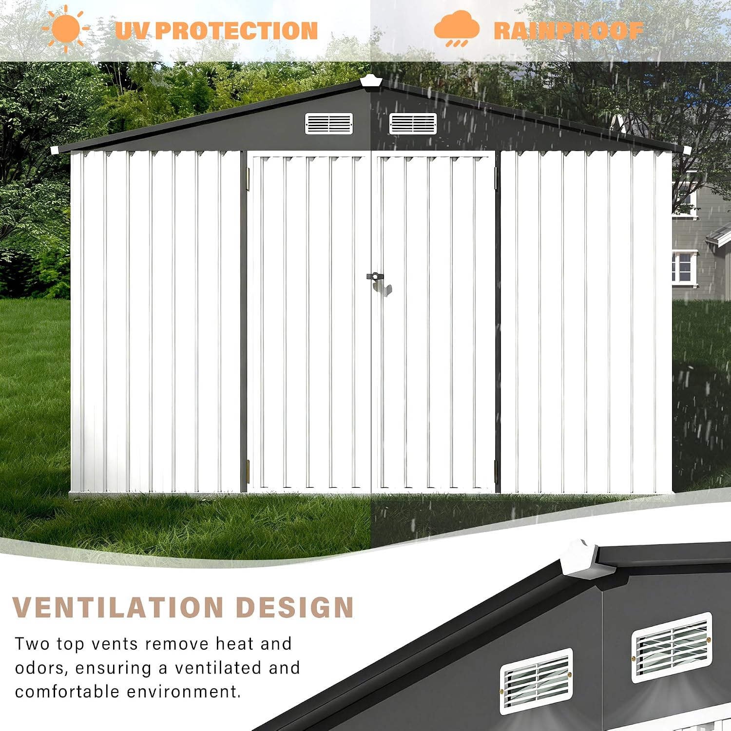 GarveeLife 6x8x6.4 Ft Outdoor Storage Sheds, Metal Garden Tool Shed for Backyard, Large Metal Sheds Outdoor Storage with Lockable Doors & Air Vents for Backyard Garden Patio Lawn