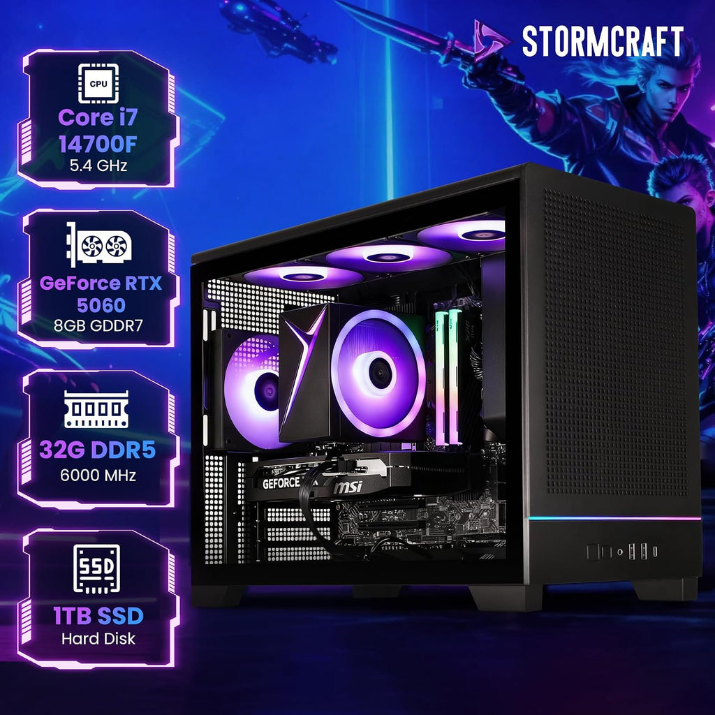STORMCRAFT PC Gamer Viper AI Gaming PC,Intel i7 14700F 5.4GHz, GeForce RTX 5060,32GB DDR5 RGB RAM 6000MHz,1TB NVMe SSD, B760 Chipset,650W Gold PSU,WiFi,Bluetooth,Win 11 Home Prebuilt Tower Computer