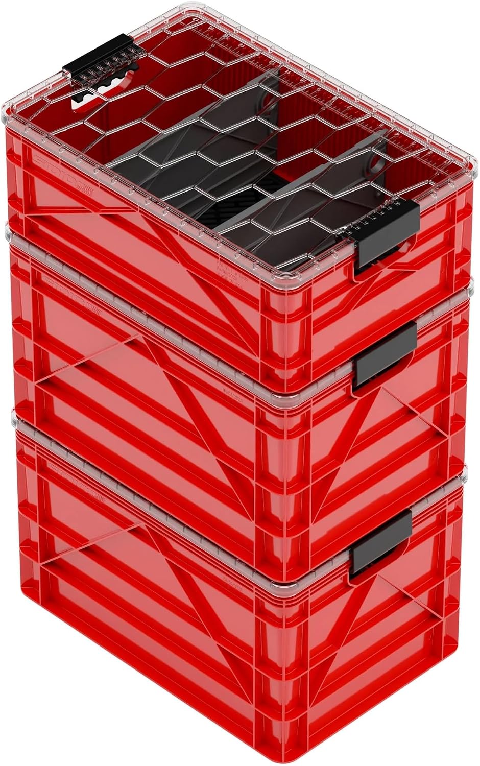 SIDIO CRATE Pro Pack - Two Full Size and One Half Size SidioCrate, Stackable Outdoor Organizer Storage Bins with Clear Lid and Dividers
