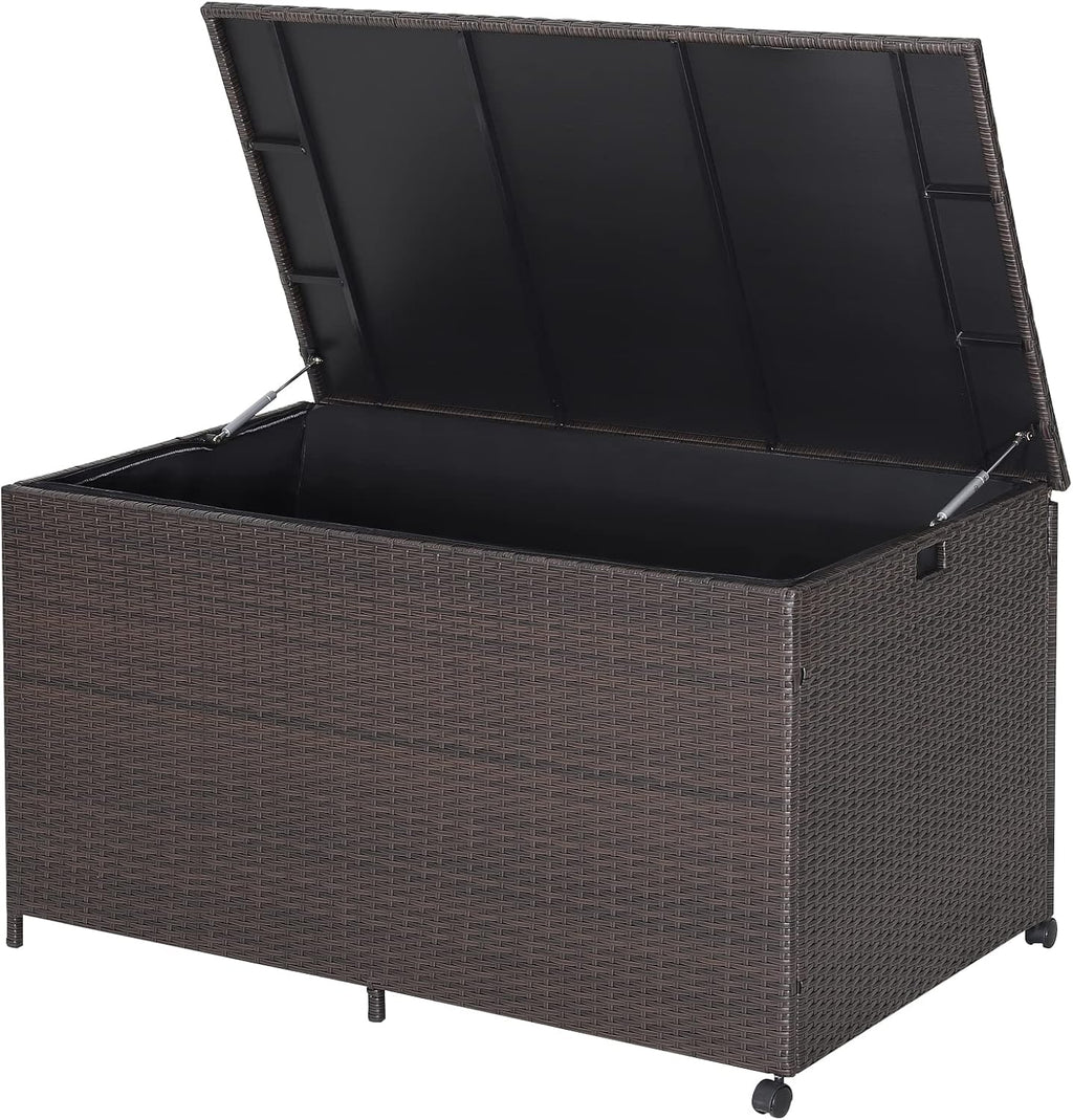 Giantex Wicker Outdoor Deck Box - 133 Gallon Storage Box with Lid, Waterproof Liner and Universal Wheels, PE Rattan Storage Container for Cushions, Gardening Tools, Patio Storage, Brown