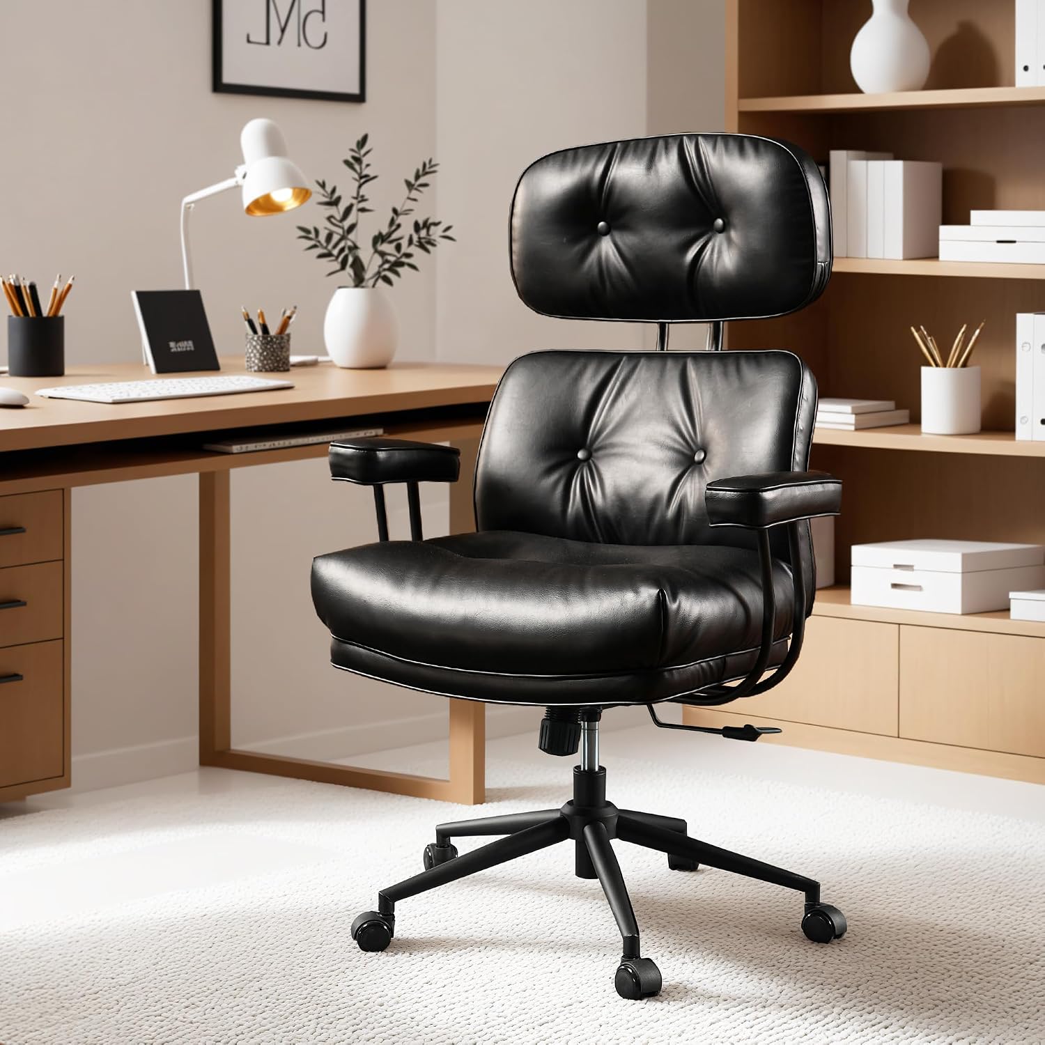 ovios Ergonomic Office Chair, High Back Faux Leather Executive Chairs with Thick Cushion, Comfy Mid-Century Modern Swivel Rolling Computer Armchair (Black, PU Leather)
