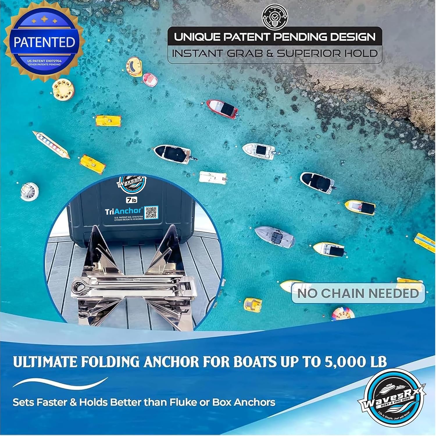 WAVESRX TriAnchor - Stainless Steel Folding PWC & Boat Anchor | Sets Instantly for Effortless Boat & Jet Ski Anchoring | Compact Patent-Pending Design Grips Better Than Plow, Fluke or Box Anchor