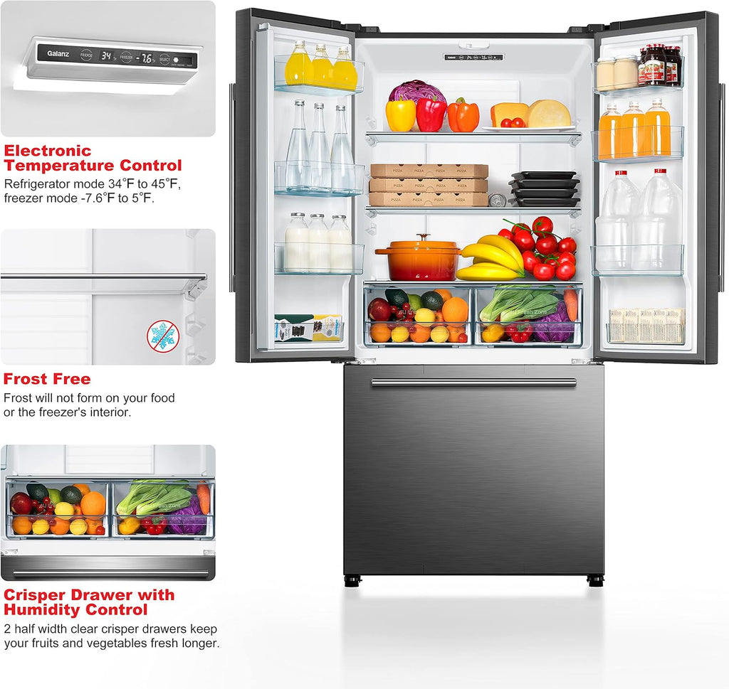 Galanz French Door Refrigerator with Installed Ice Maker and Bottom Freezer, Adjustable Electrical Thermostat Control, Frost Free, Energy Star Certified, Stainless Steel, 18 Cu Ft