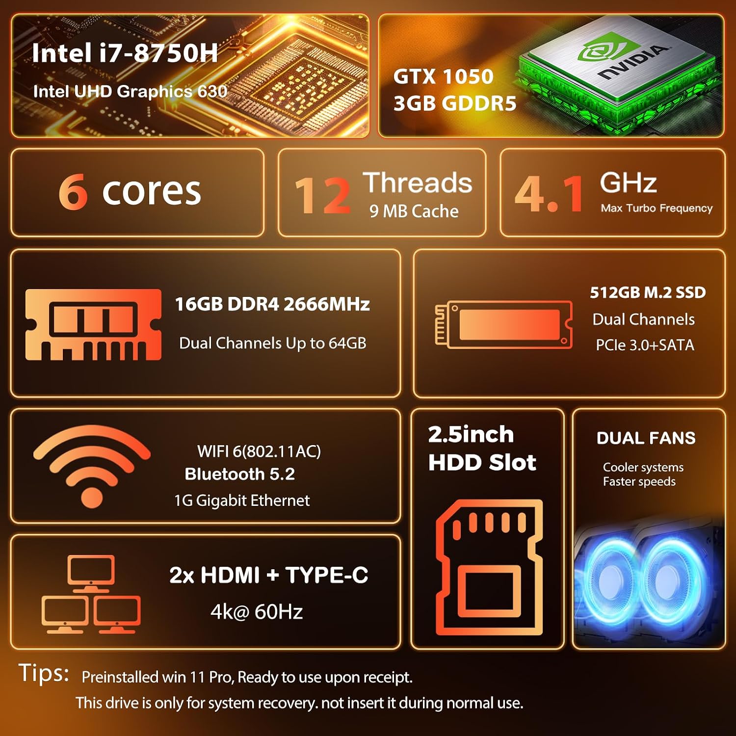 Mini PC, Intel Core I7-8750H Gaming Computer with Nvidia GTX1050 RGB Lights Mini Computer, 16GB DDR4 512GB NVMe SSD, Support Triple 4K Display/WiFi6 BT5.2/RJ-45, Windows 11 Pro Desktop PC, Black