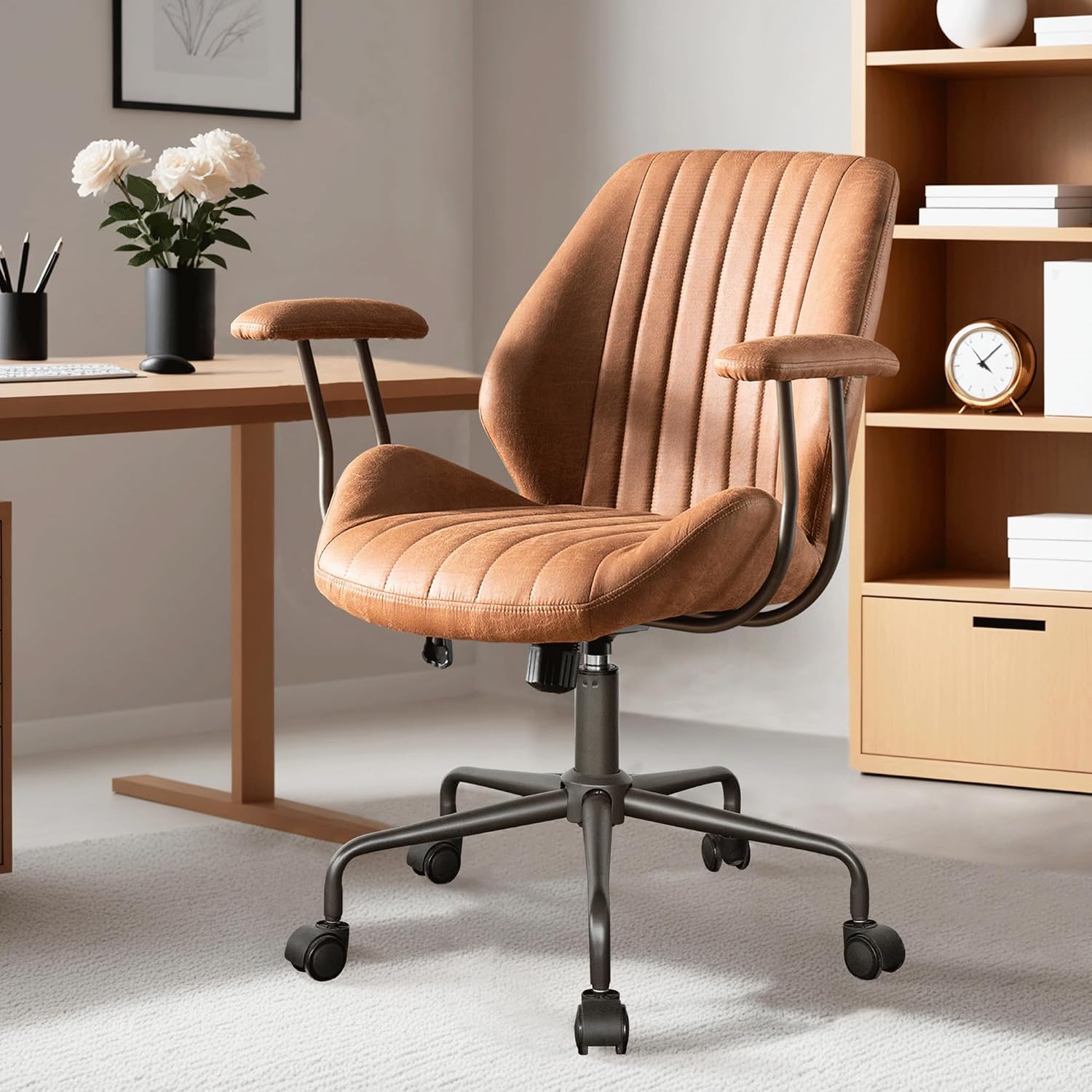 ovios Ergonomic Office Chair, Mid Back Faux Leather Executive Chairs with Armrests, Comfy Mid-Century Modern Swivel Rolling Computer Armchair (Brown, Suede Leather)