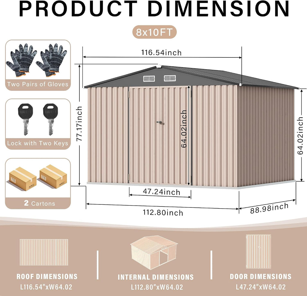 8x10 FT Metal Storage Sheds Outdoor, Metal Yard Sheds Garden Shed Kit, Tool Shed with Lockable Door, Utility Sheds Buildings with Air Vent for Backyard Garden Patio Lawn