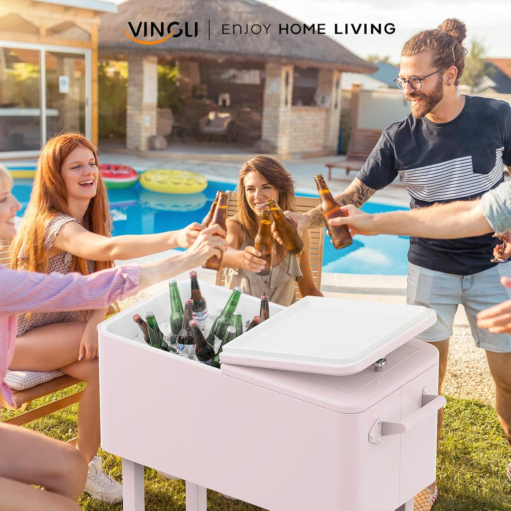 VINGLI Rolling Ice Chest, Portable Patio Party Bar Drink Cooler Cart, with Shelf, Beverage Pool with Bottle Opener