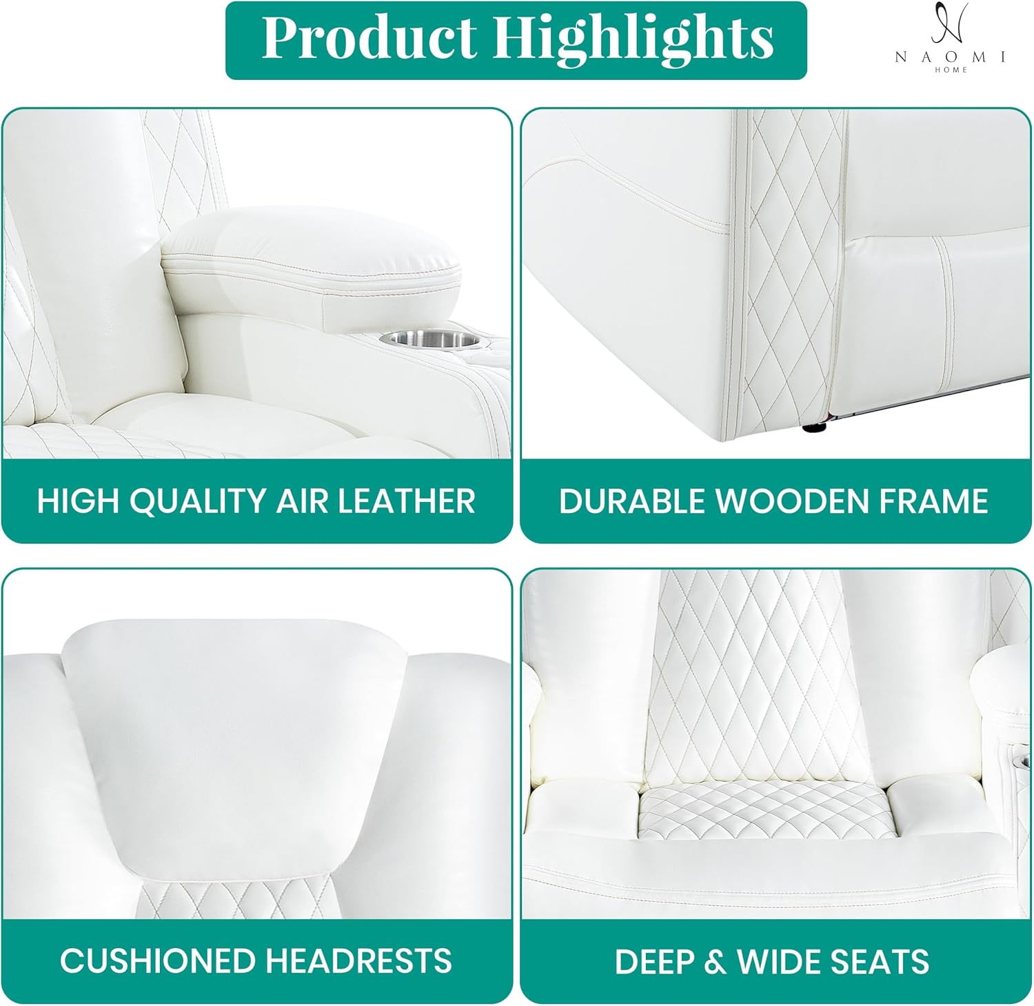 Naomi Home Chicago Power Recliner Chair with LED Lights, USB Charging Port, Adjustable Headrest, Cup Holders & Detachable Tray Tables, Faux Leather Home Theater Seating Recliner - White