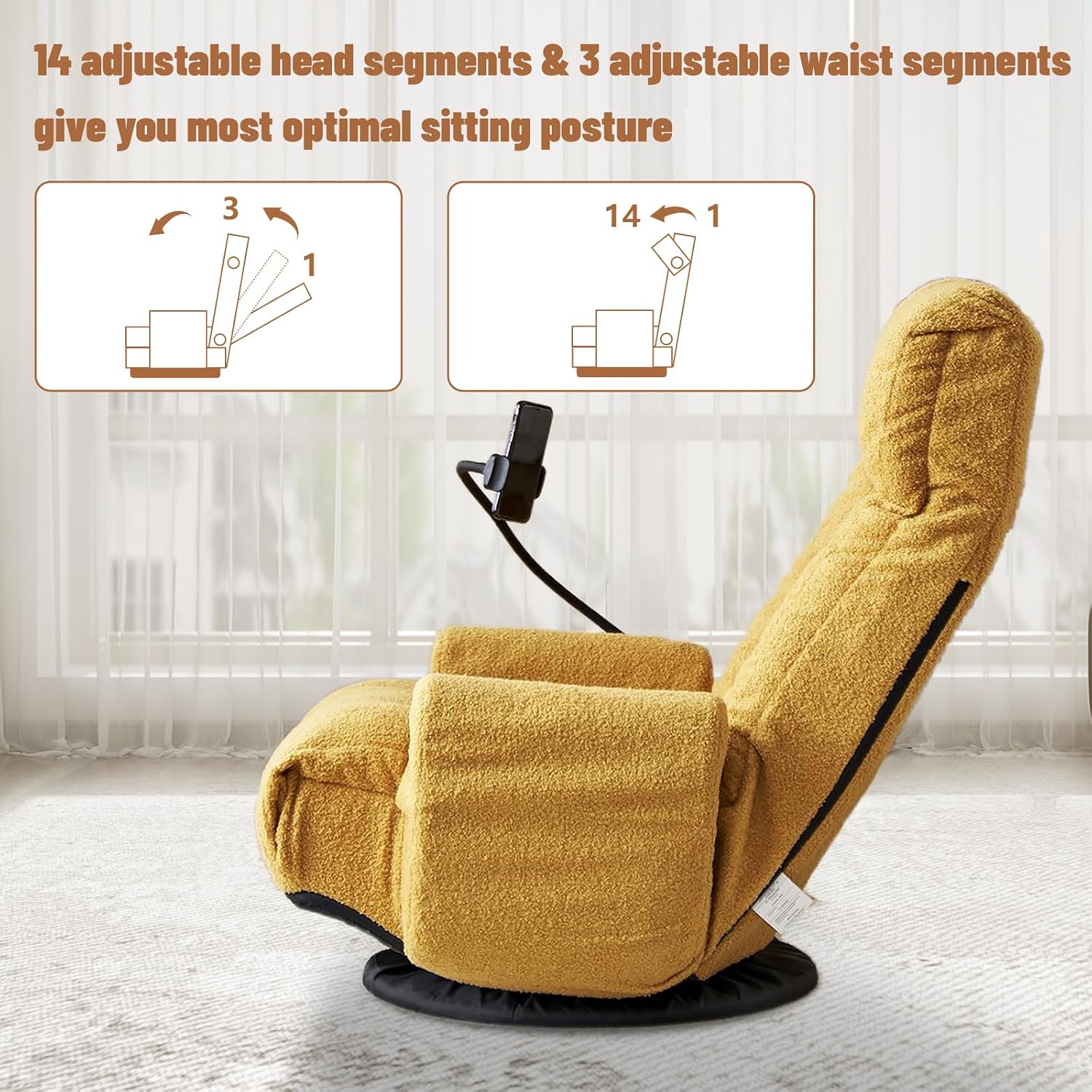 360° Swivel Floor Gaming Chair Teddy Folding Lounge Chair Sofa Chair with Adjustable Head and Waist, Armrests & Phone Holder, Padded Cushion Leisure Chairs for Living Room Bedroom (Yellow)