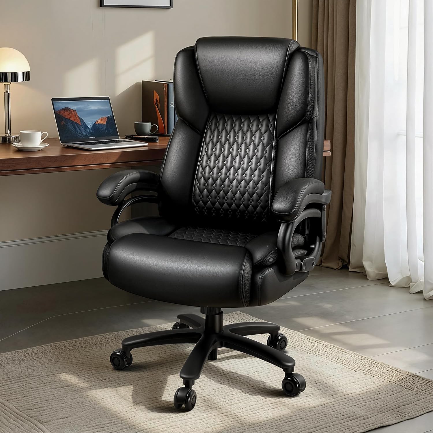 Big and Tall Office Chair 500lbs, Heavy Duty Executive Office Leather Chair for Heavy People, High Back Ergonomic Office Chair with Lumbar Support & Quiet Rubber Wheels, Extra Padded Seat, Black