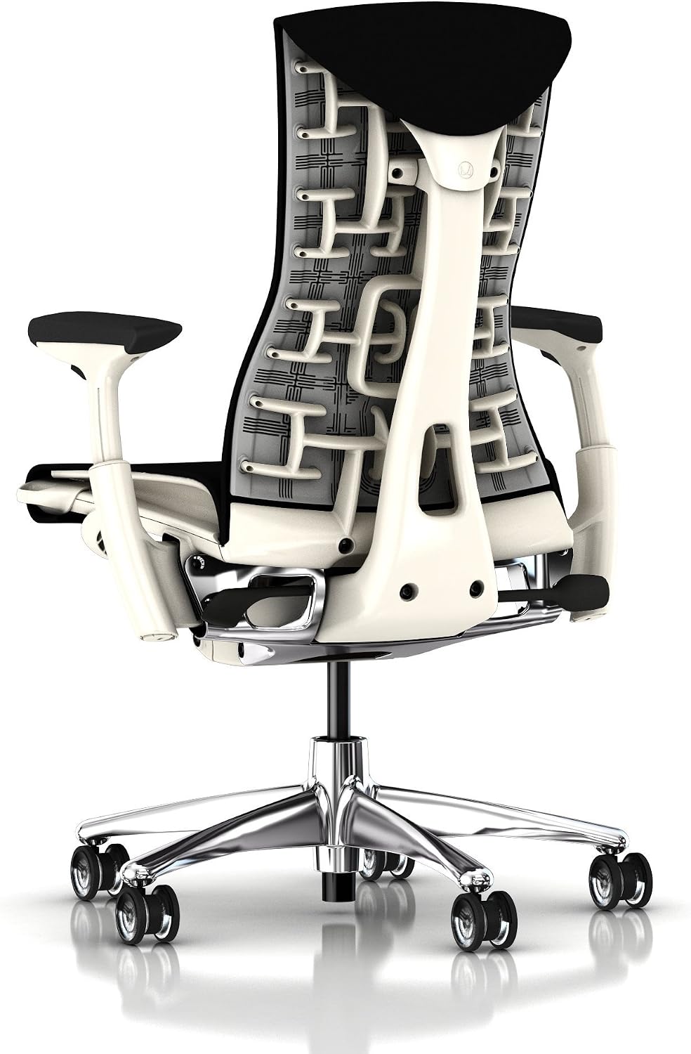 Herman Miller Embody Chair Home Office Desk Task Chair with Adjustable Arms Polished Aluminum Chrome Base White Frame and Rhythm Black Fabric Plus H9 Clear Translucent Hard Floor Caster Wheels