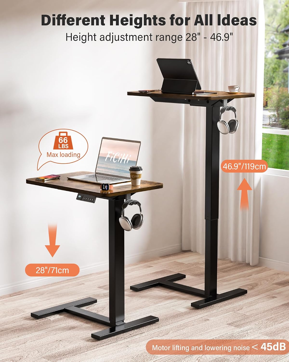 FiCiHi Electric Standing Desk with Wheels – Adjustable Height Mobile Sit-Stand Laptop Table, Portable Rolling Small Computer Workstation for Home Office & Bedside Use (28'x16', Rustic Brown)