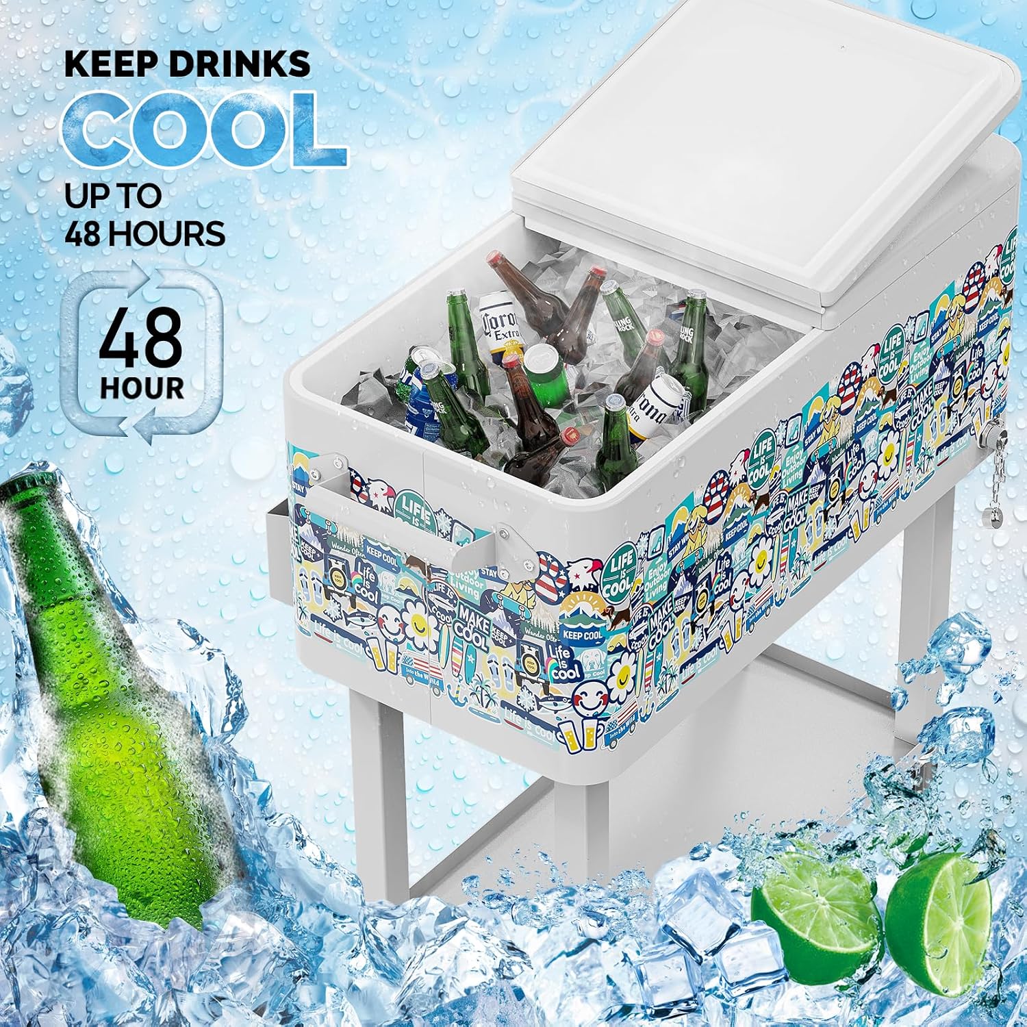 VINGLI Rolling Ice Chest, Portable Patio Party Bar Drink Cooler Cart, with Shelf, Beverage Pool with Bottle Opener