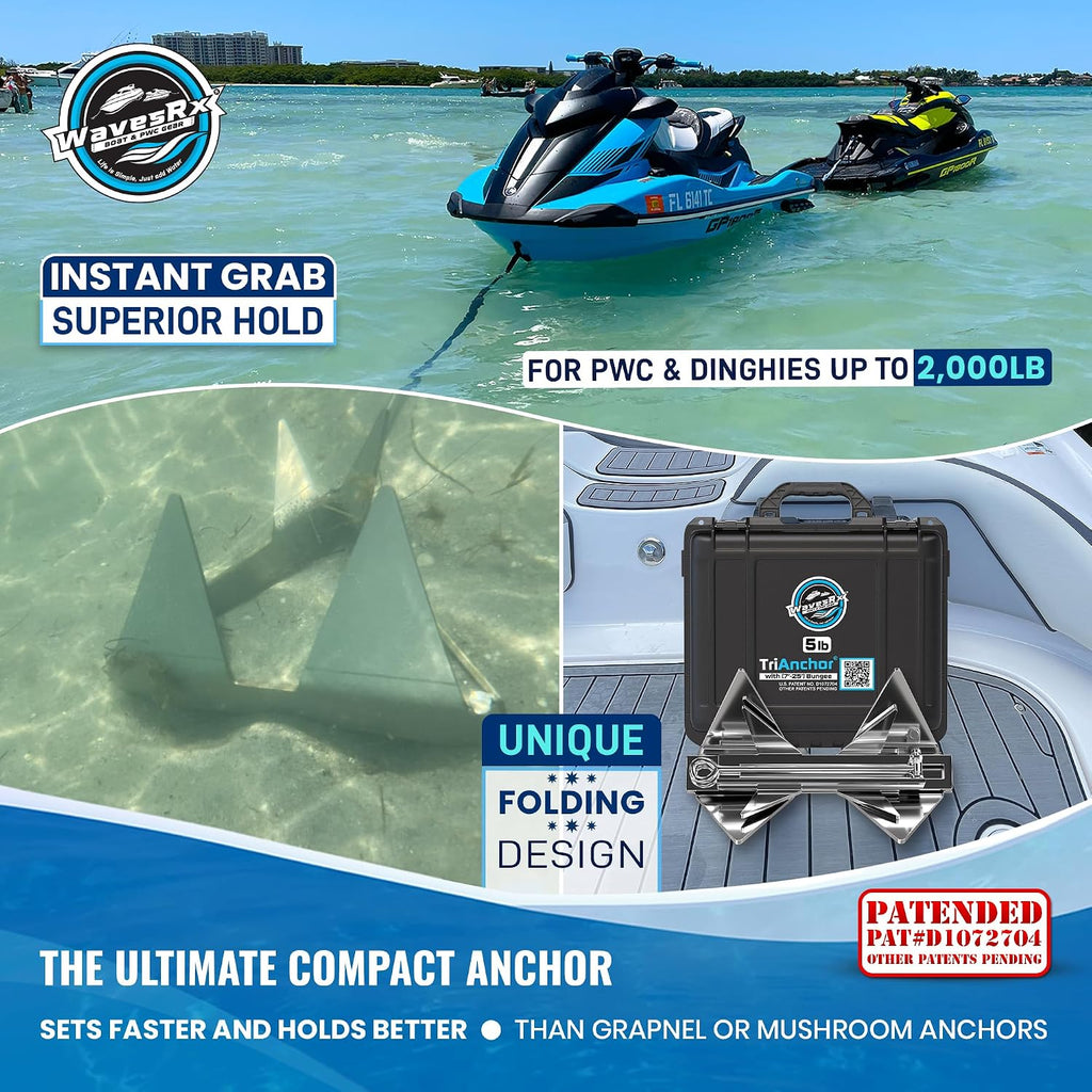 WAVESRX TriAnchor - Stainless Steel Folding PWC & Boat Anchor | Sets Instantly for Effortless Boat & Jet Ski Anchoring | Compact Patent-Pending Design Grips Better Than Plow, Fluke or Box Anchor