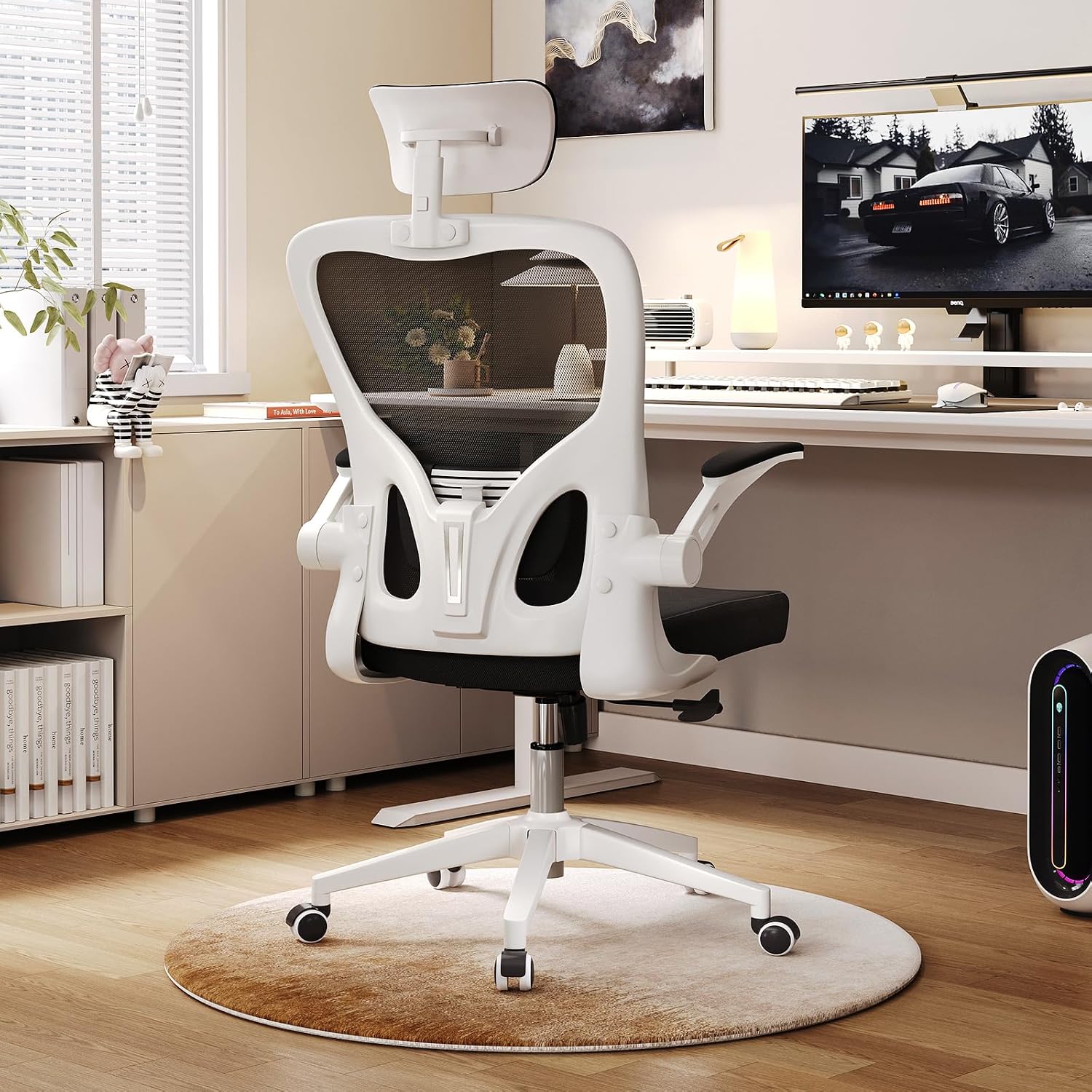 Ergonomic Office Chair, High-Back Mesh Computer Desk Chair with Adjustable Height, Lumbar Support, Flip-Up Armrests,headrest，and Swivel Rolling Design for Home and Office Use