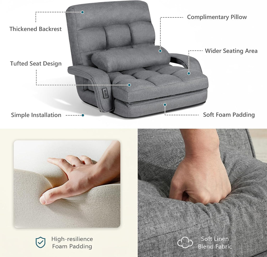 STHOUYN Comfy Floor Chair Bedroom 2 USB Charging Ports, 5-Position Couch Gaming Lounge Chairs Adults, Indoor Folding Lazy Sofa Meditation Arm Dorm Chair Living Room (Grey)