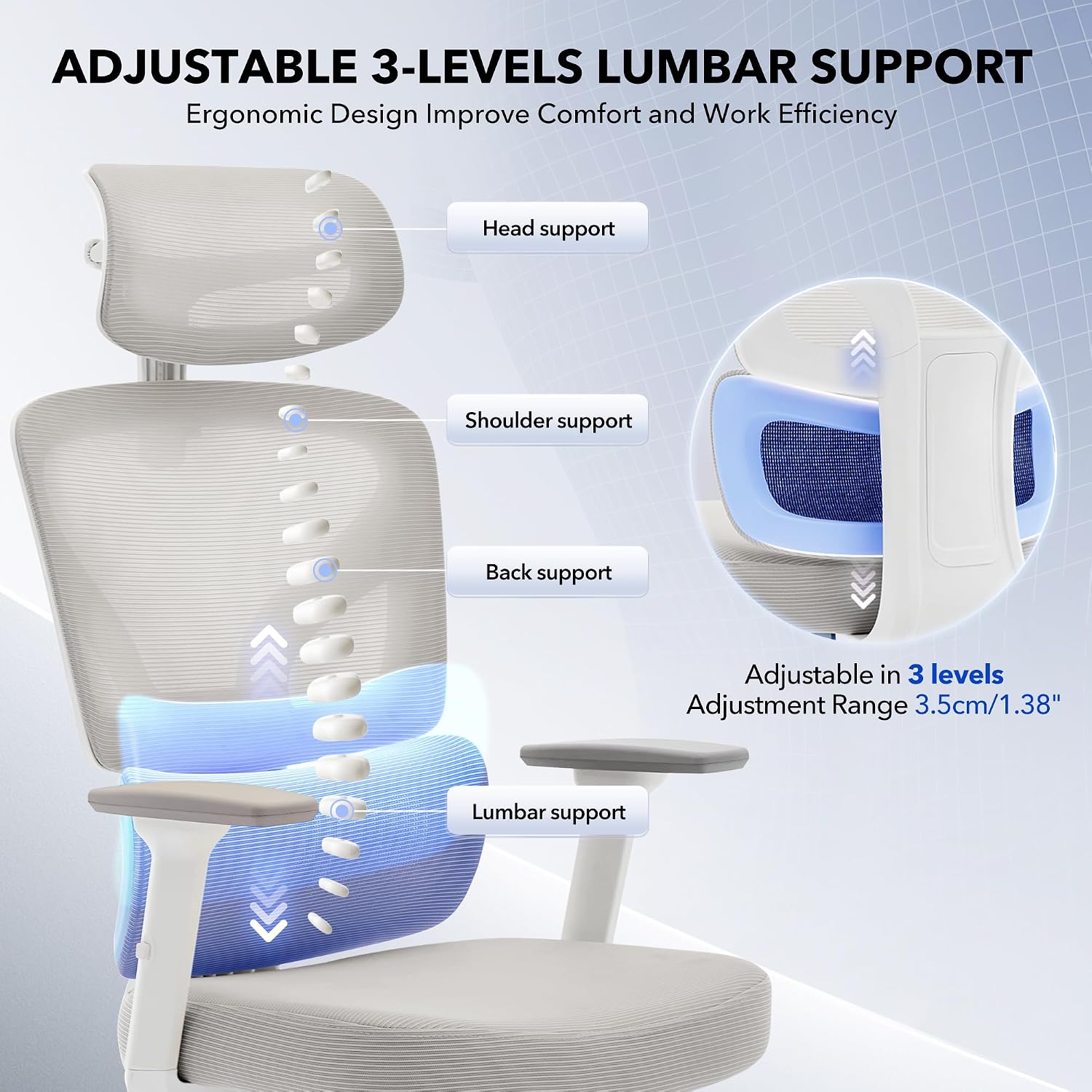 Office Chair Ergonomic Desk Chair - Home Mesh Office Desk Chair with Adjustable Lumbar Support, High-Back Computer Gaming Chair with Headrest 3D Armrests, Rolling Swivel Task Chairs for Home, Office