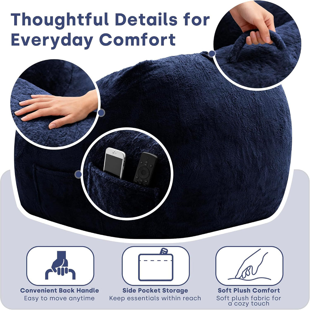 SUNBURY 47.2' L-Shaped Bean Bag Chair with Arms, Memory Foam Filled Lazy Sofa with Portable Handle & Side Pocket, Plush Floor Chair for Adults, Game Room, Bedroom, Living Room (Blue)