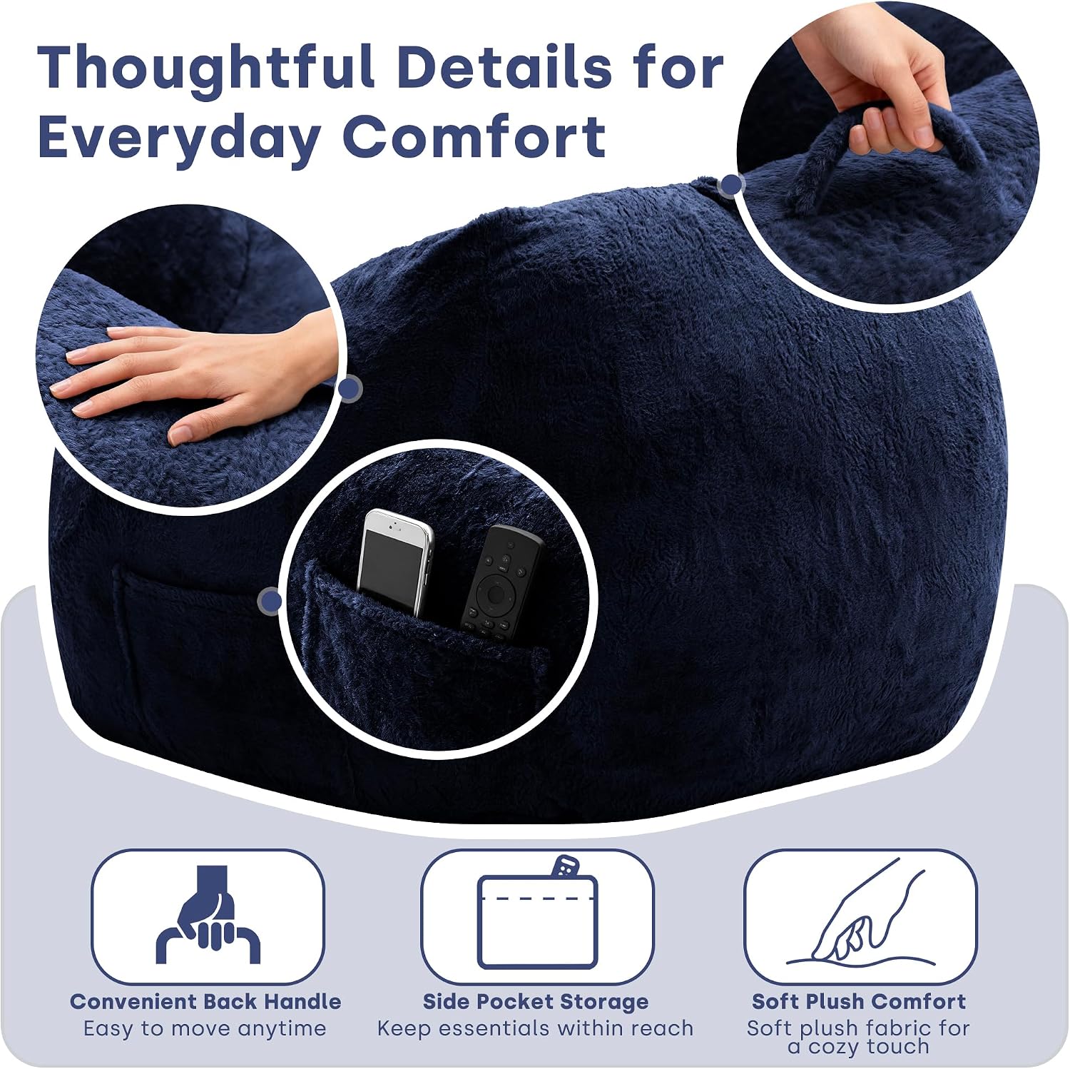 SUNBURY 47.2' L-Shaped Bean Bag Chair with Arms, Memory Foam Filled Lazy Sofa with Portable Handle & Side Pocket, Plush Floor Chair for Adults, Game Room, Bedroom, Living Room (Blue)