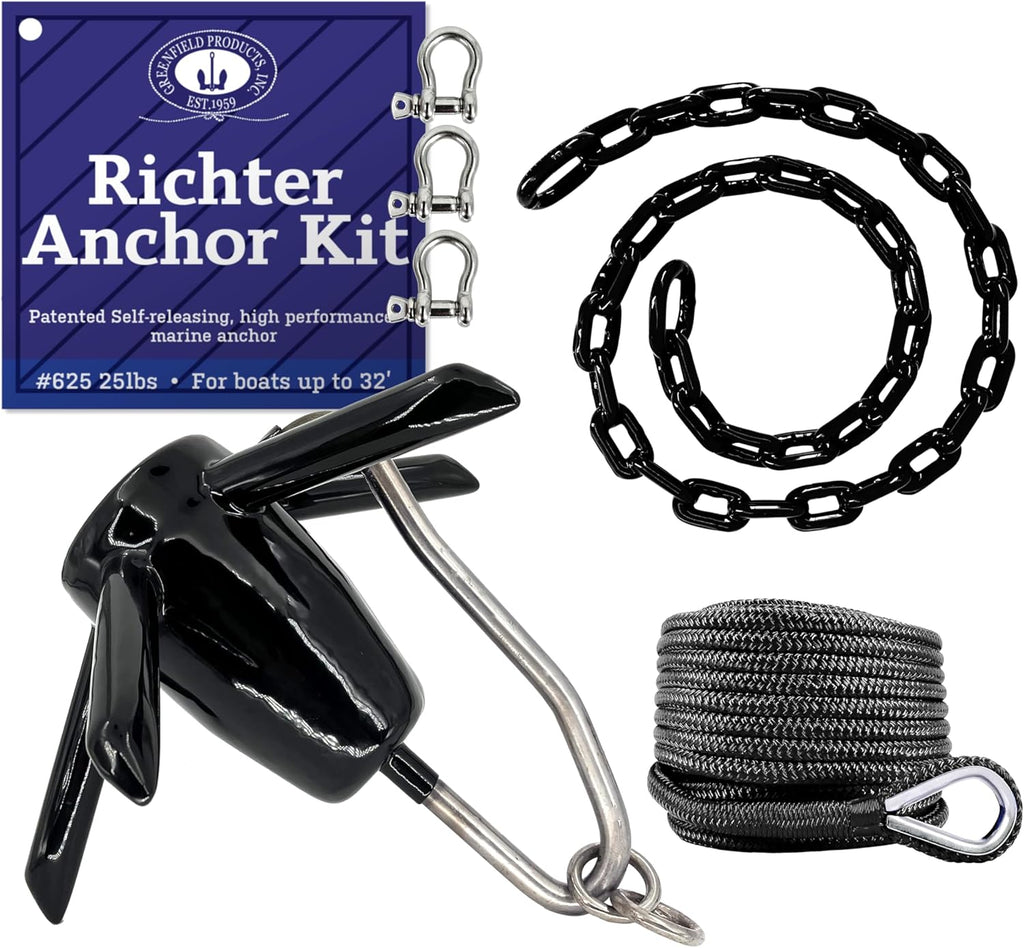Greenfield Richter Boat Anchor Kit, Professional, Includes Spike River Anchor, 100' Anchor Rope, and Coated Anchor Chain. for Rivers, Lakes, Sand, Mud, and More