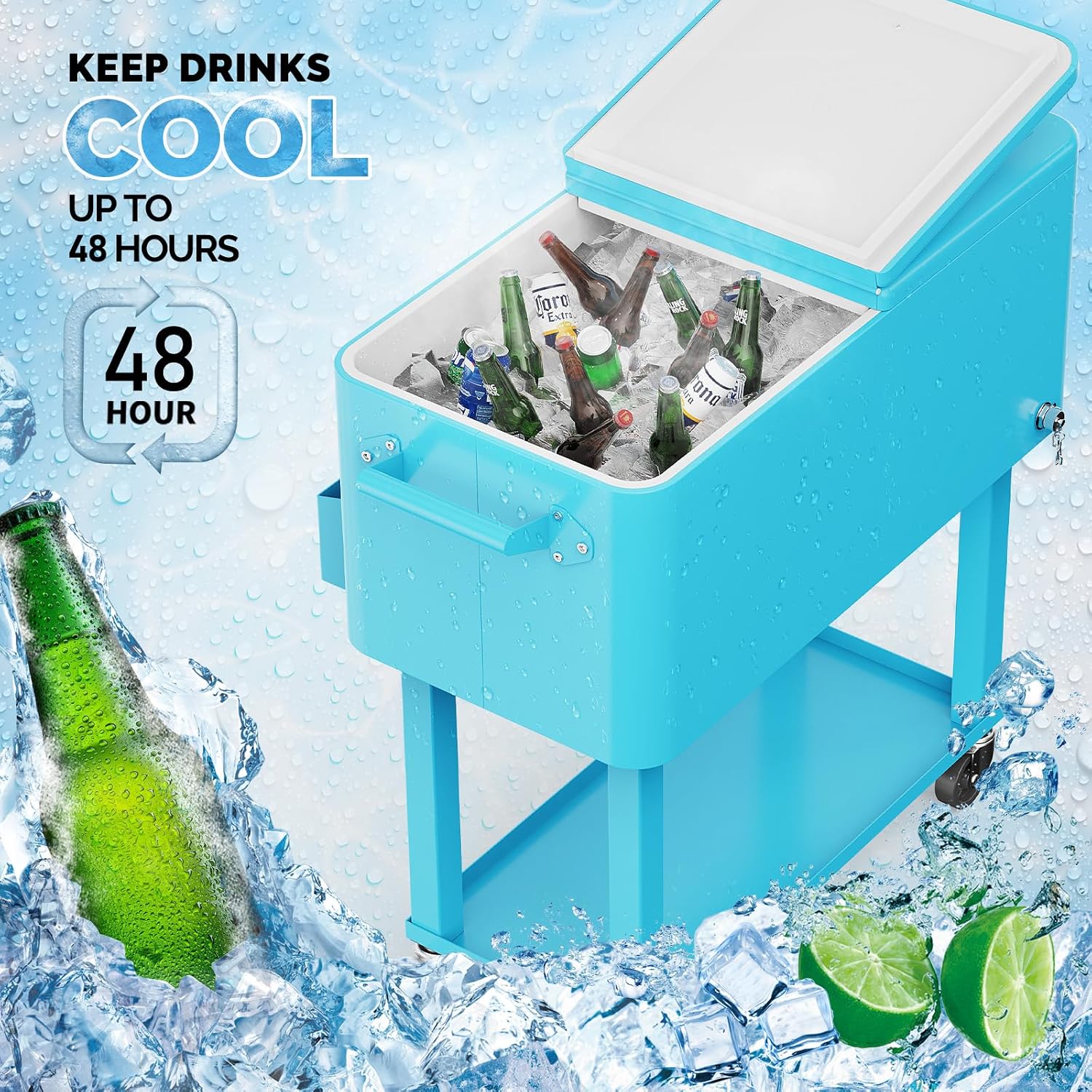 VINGLI Rolling Ice Chest, Portable Patio Party Bar Drink Cooler Cart, with Shelf, Beverage Pool with Bottle Opener