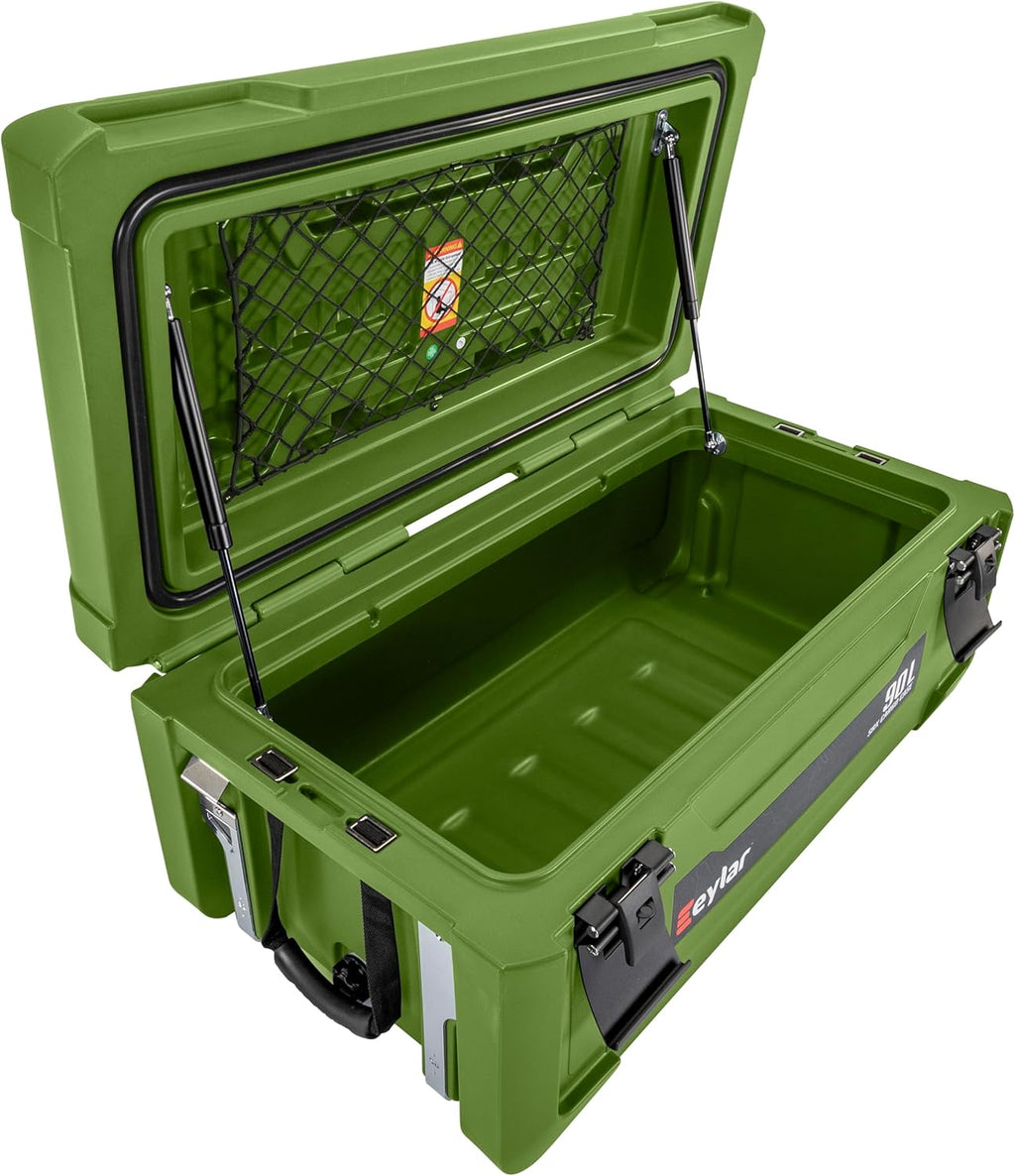 SRX-90 Overlanding Cargo Case – 90L Waterproof Storage Box for Camping, Off-Road & Truck Bed Gear – Heavy-Duty Lockable Storage with Gas Strut Lid, Stackable Design & Interior Organizer Tray (Green)