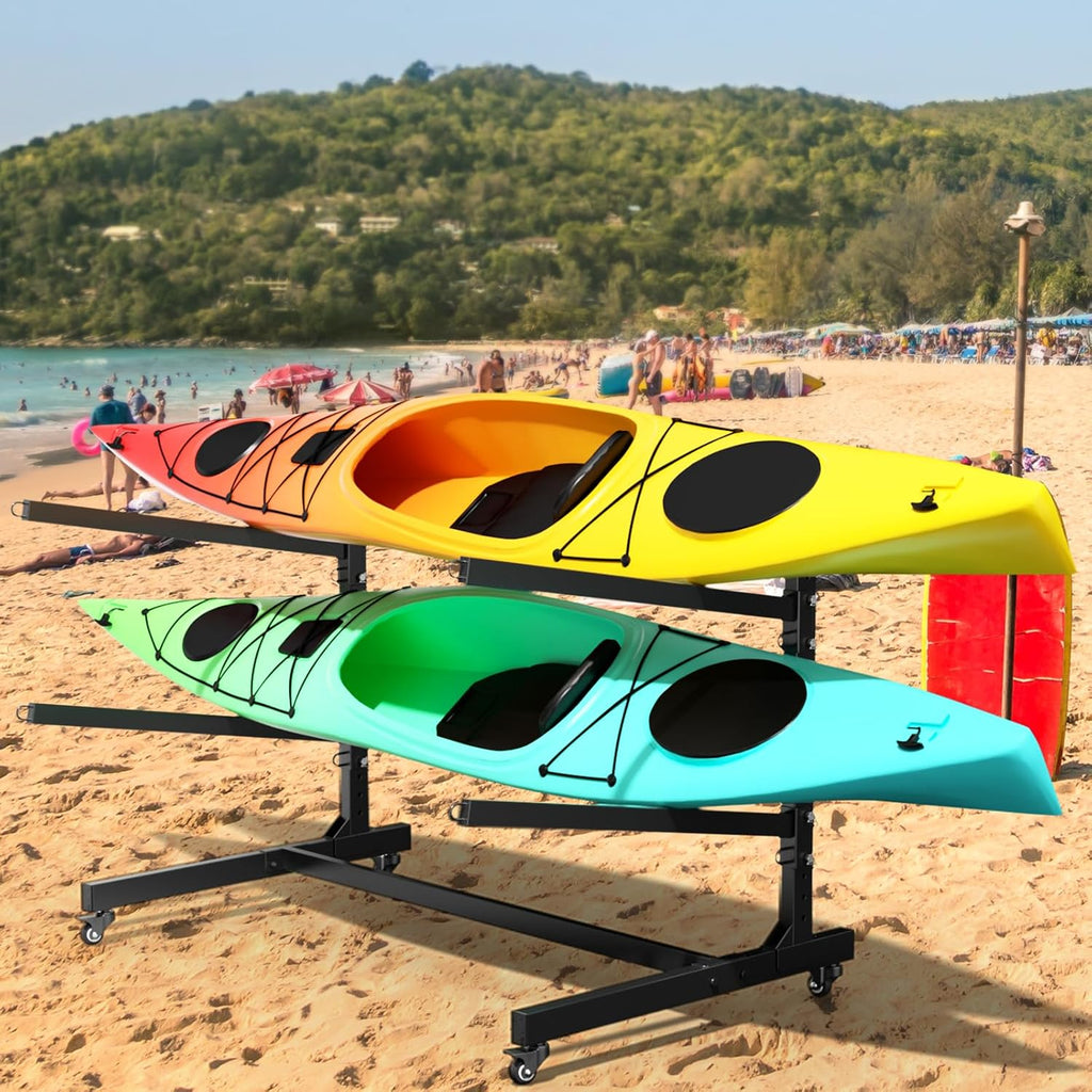 Baotree Heavy Duty Freestanding Kayak Storage Rack, Adjustable Metal Stand for 2 Kayaks, Canoes, SUPs, Paddleboards & Surfboards with Lockable Wheels, Indoor & Outdoor Use