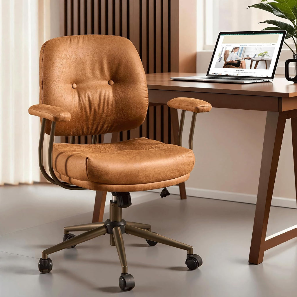 ovios Ergonomic Office Chair, Mid Back Faux Leather Executive Chairs with Thick Cushion, Comfy Mid-Century Modern Swivel Rolling Computer Armchair (Brown, Suede Leather)