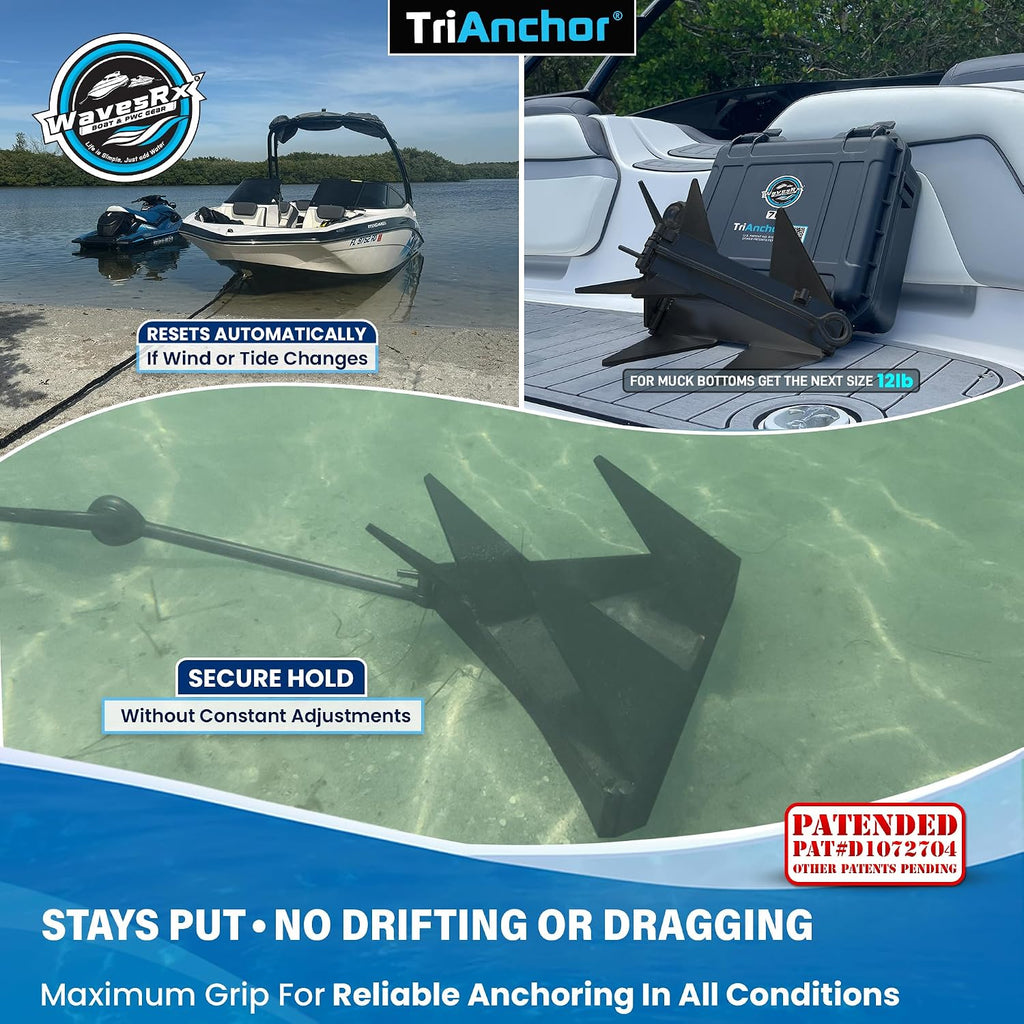 WAVESRX TriAnchor - Stainless Steel Folding PWC & Boat Anchor | Sets Instantly for Effortless Boat & Jet Ski Anchoring | Compact Patent-Pending Design Grips Better Than Plow, Fluke or Box Anchor