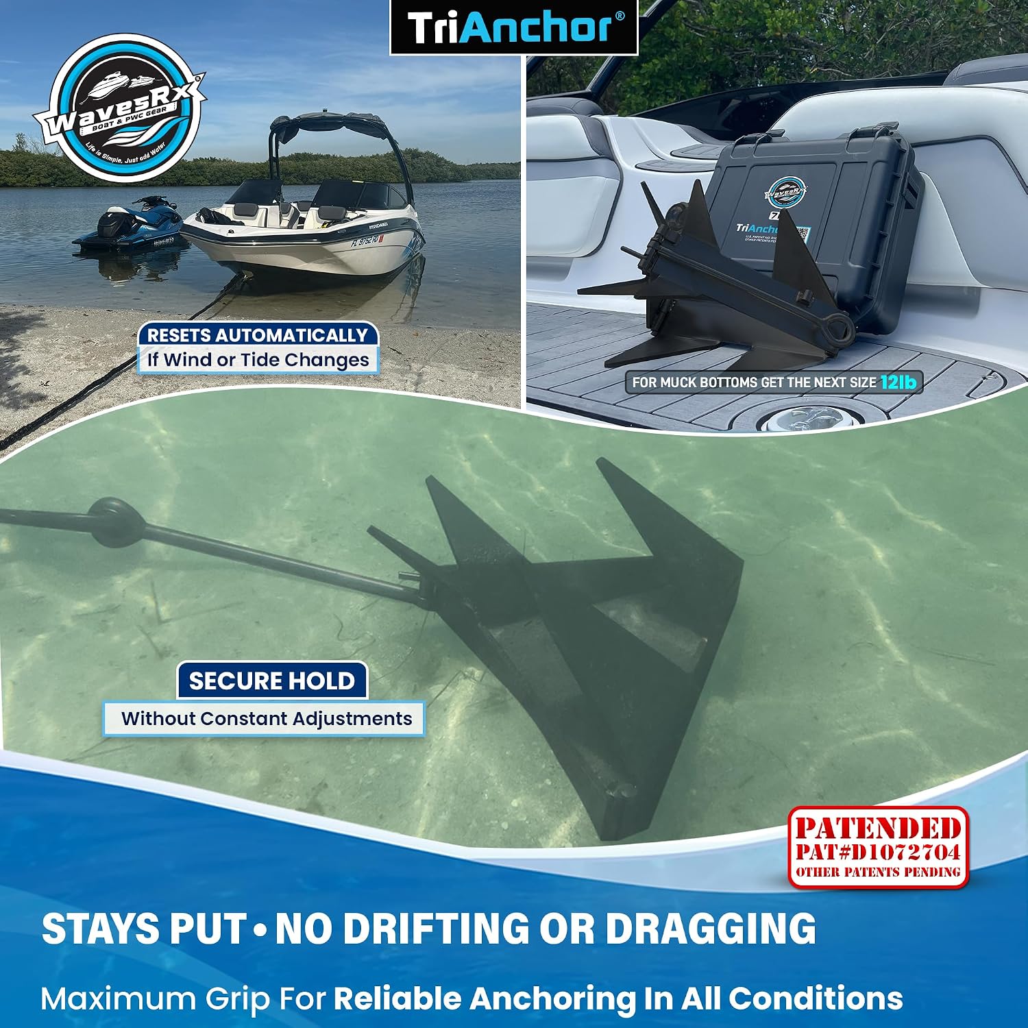 WAVESRX TriAnchor - Stainless Steel Folding PWC & Boat Anchor | Sets Instantly for Effortless Boat & Jet Ski Anchoring | Compact Patent-Pending Design Grips Better Than Plow, Fluke or Box Anchor