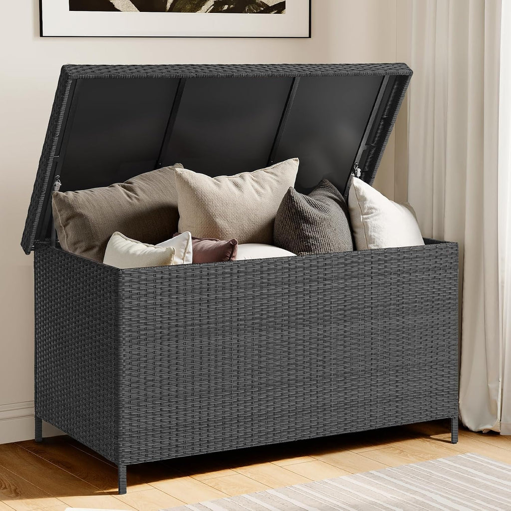 ONBRILL 158 Gallon XL Deck Box with Lid, All Weather Wicker Outdoor Storage Box Waterproof, Large Outdoor Patio Storage Bin for Cushions, Garden Tools, Gears, Pool Accessories, Black
