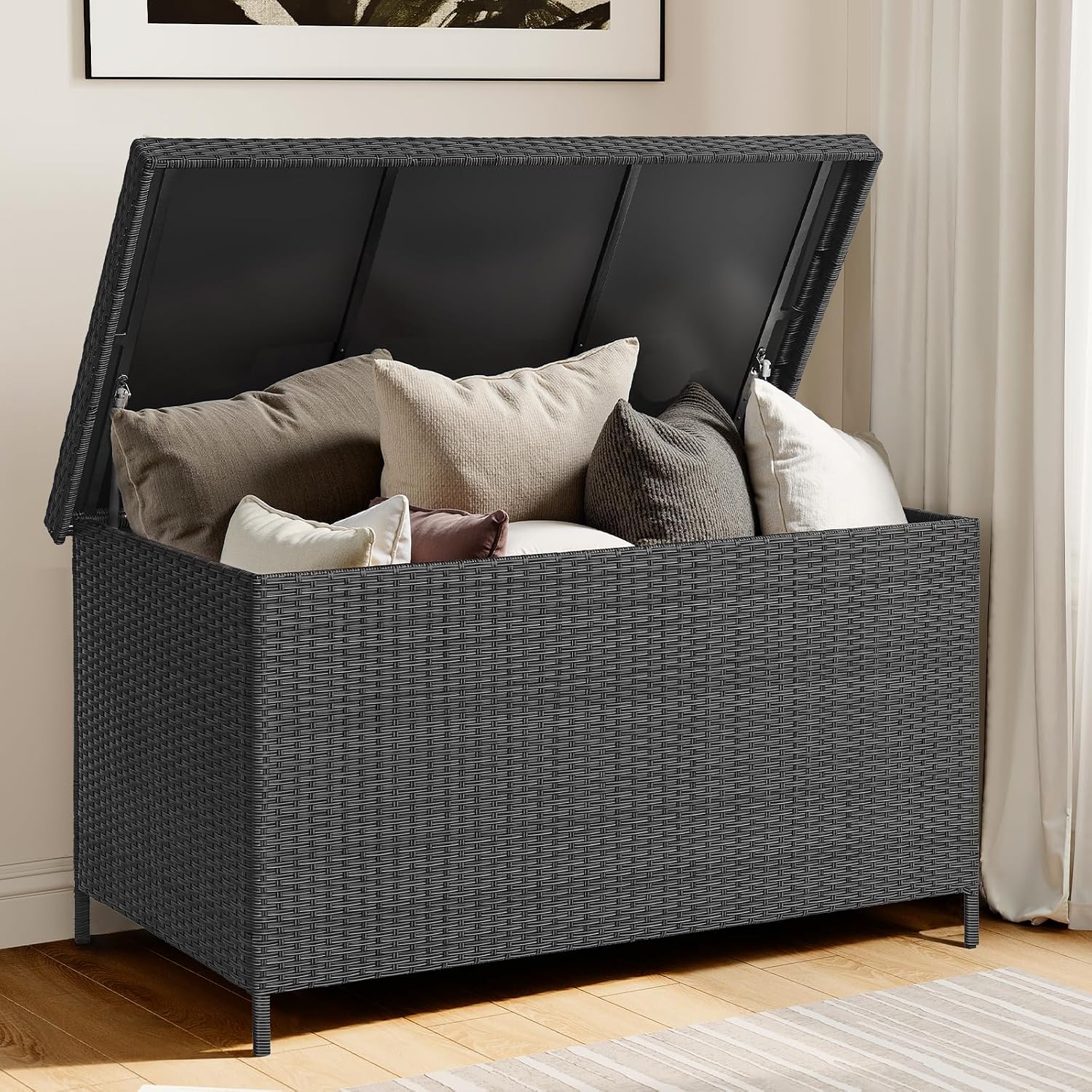 ONBRILL 158 Gallon XL Deck Box with Lid, All Weather Wicker Outdoor Storage Box Waterproof, Large Outdoor Patio Storage Bin for Cushions, Garden Tools, Gears, Pool Accessories, Black