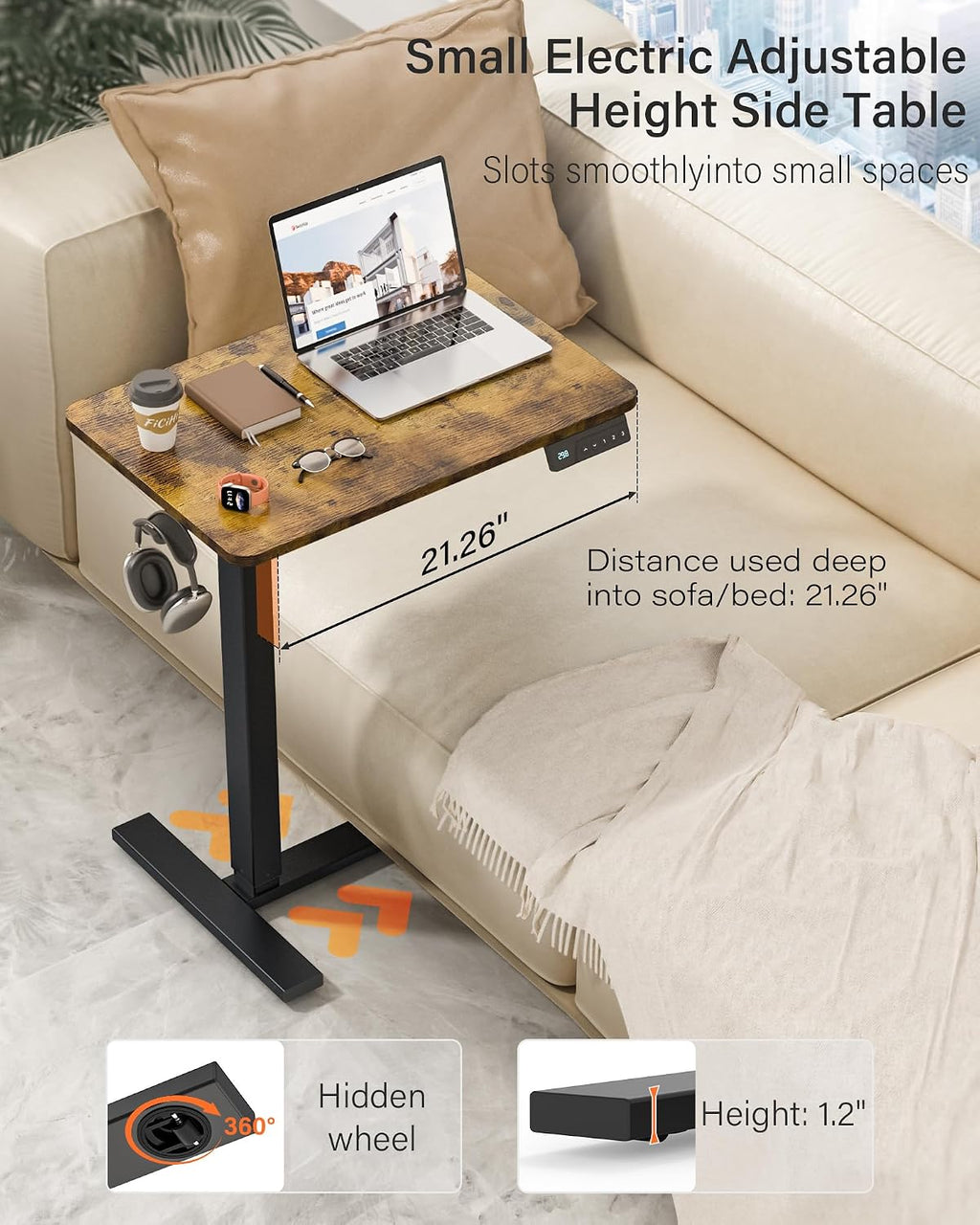FiCiHi Electric Standing Desk with Wheels – Adjustable Height Mobile Sit-Stand Laptop Table, Portable Rolling Small Computer Workstation for Home Office & Bedside Use (28'x16', Rustic Brown)
