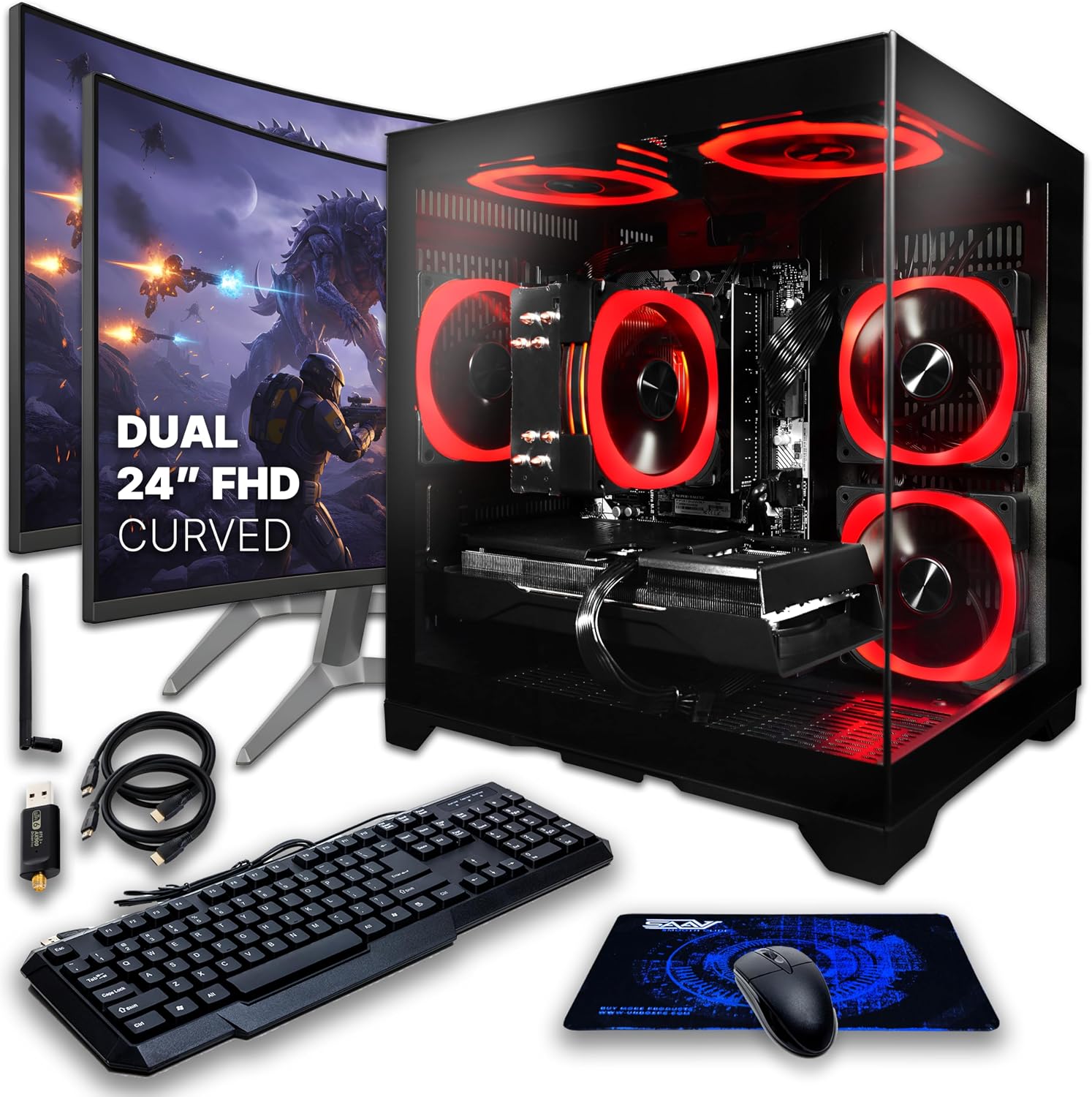 SAAV Drex Prebuilt Gaming PC Bundle Desktop Tower Intel Core i5-12400F GeForce RTX 3050 6GB GDDR6 Dual Curved 24in Monitors 16GB DDR4 512GB NVMe SSD WiFi 6 Windows 11 Black RGB Computer PC Gaming