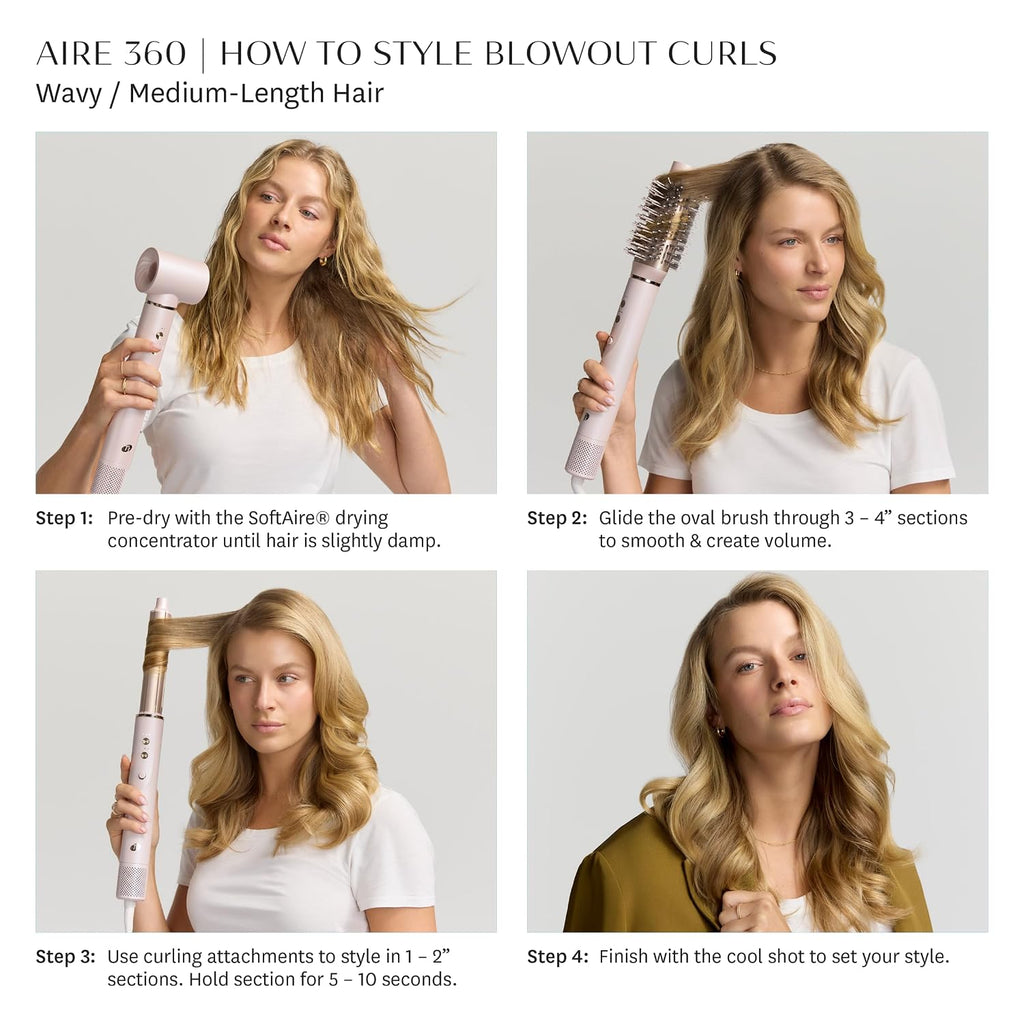Aire 360 Ceramic Dual Voltage Air Styler Blowout Kit with Curling Attachments, Oval Brush & Drying Concentrator | Fast, Healthy Blowouts and Long-Lasting Curls | for All Hair Types