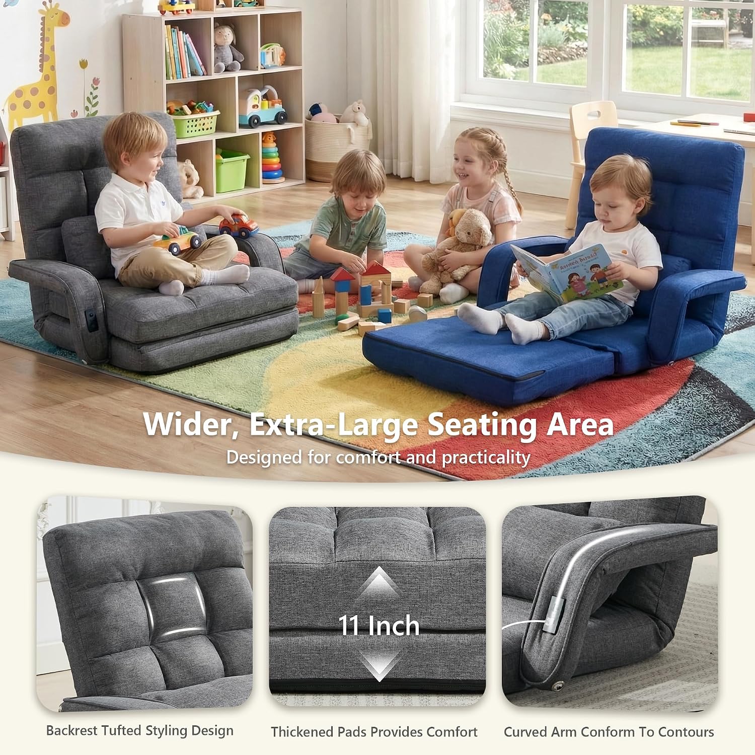 STHOUYN Comfy Floor Chair Bedroom 2 USB Charging Ports, 5-Position Couch Gaming Lounge Chairs Adults, Indoor Folding Lazy Sofa Meditation Arm Dorm Chair Living Room (Grey)