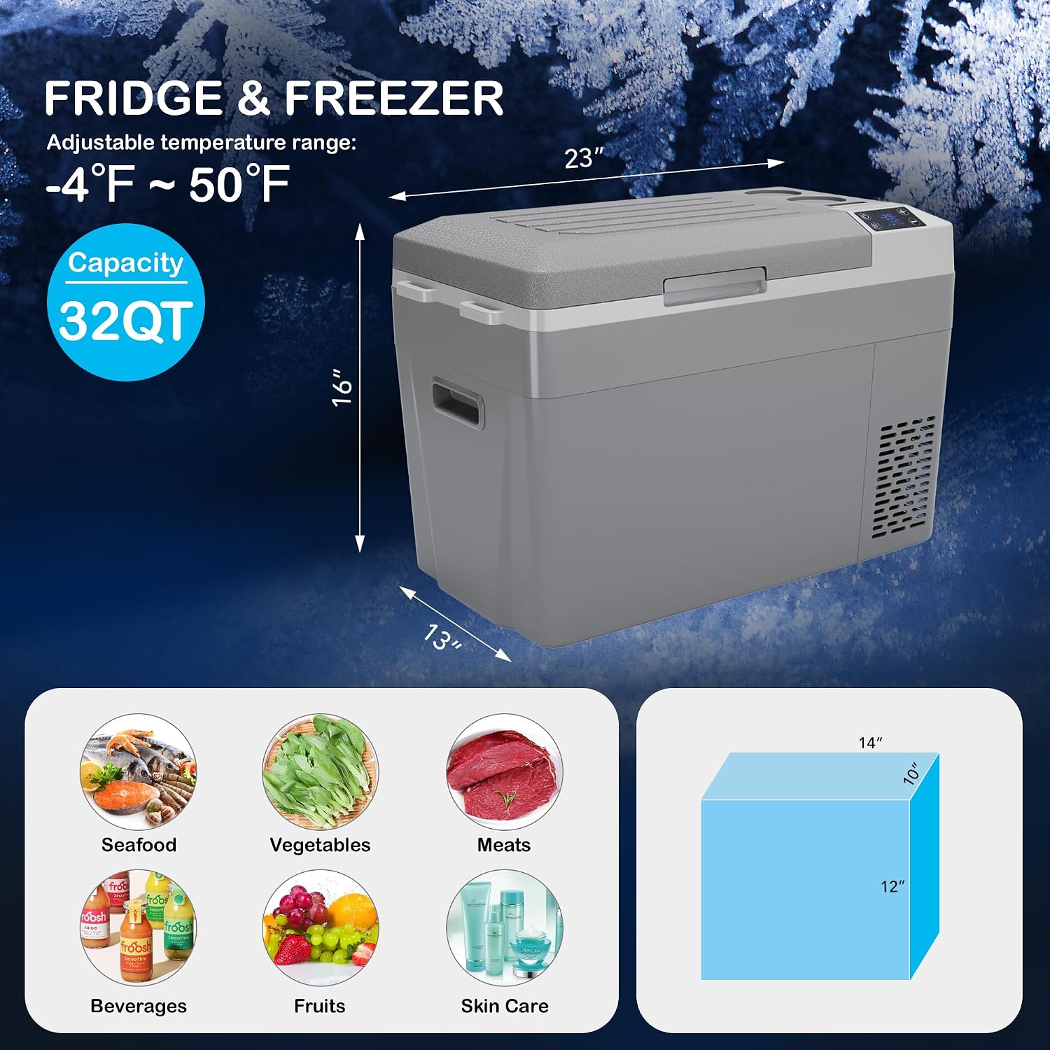 12 Volt Refrigerator 12V Car Fridge 23 Quart Portable Freezer Compressor Cooler, 12/24V DC & 110~240V AC, for Truck Van RV Camper SUV, -8℉~50℉, Ideal for Travel Camping Road Trips Tailgating