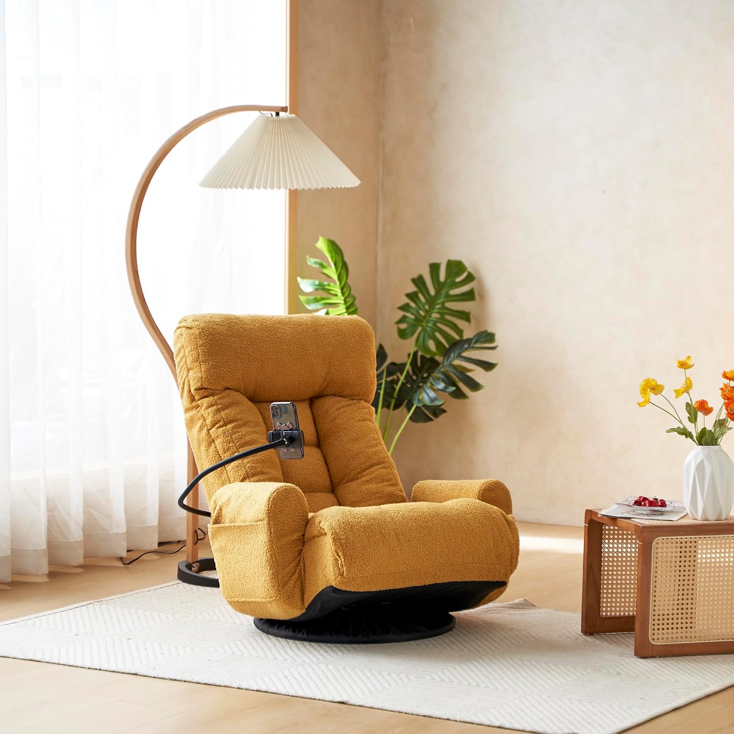 Lounge Sofa Chair with Side Pocket Armrests & Phone Holder. Gaming Chair for TV, Reading,Video,Games.Indoor Floor Chaise in Livingroom, Bedroom.Adjustable Foldable Backres&360° Swivel (Yellow)
