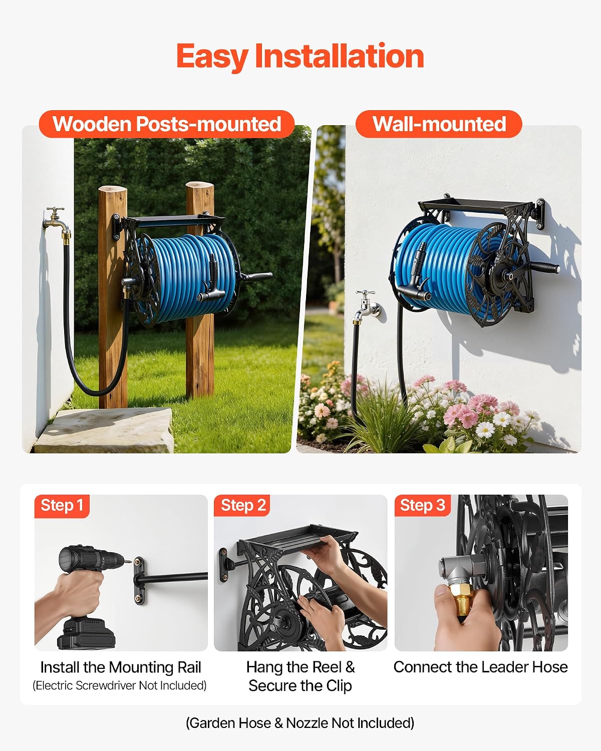 VEVOR Wall Mounted Garden Hose Reel, Holds 135 Feet of 5/8-inch Hose, Outdoor Heavy-Duty Waterhose Holder Winder, with Widened Top Tray, Aluminum Alloy Connector, Decorative Pattern, for Backyards