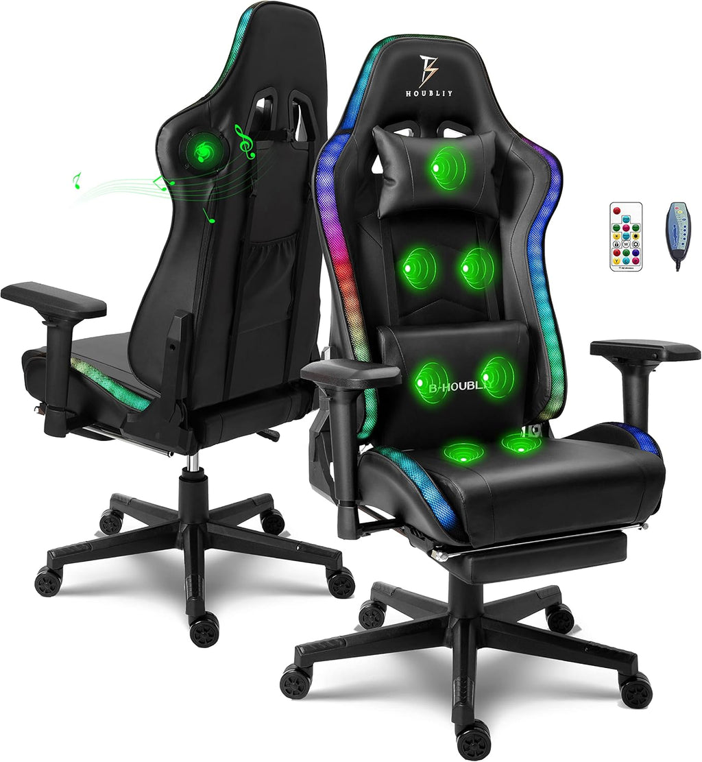 Gaming Chair with Massage and Speakers,Led RGB Lights and Footrest Gaming Chair,Ergonomic Computer Chair High Back Video Game Chair with Adjustable Lumbar Support Linkage Armrest.,Black,upgra