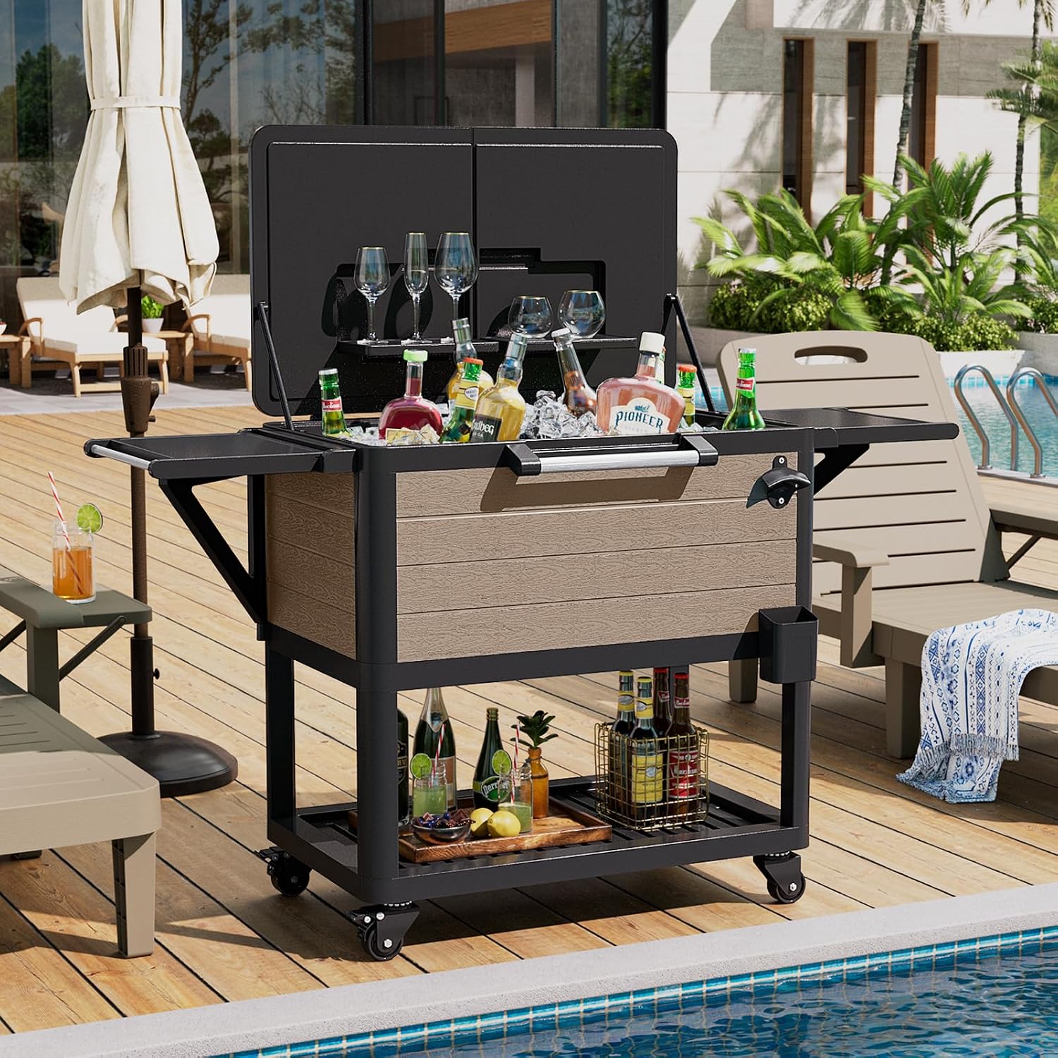 104 Quart Patio Rolling Ice Chest Cooler Cart with Wheels, Portable Mobile Outdoor Coolers Bar Cart with Storage Shelf & Bottle Opener for Drinks, Party, Camping, Backyard, Deck, BBQ（Brown）