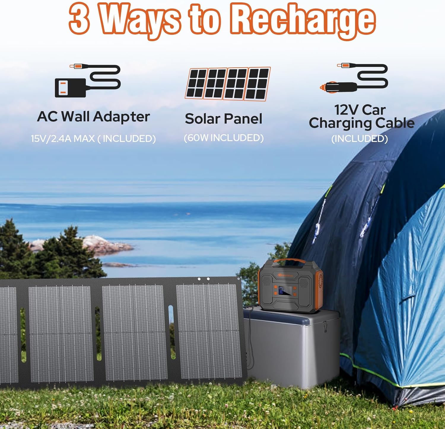 300W Solar Power Bank Generator with Panels included, 110V AC Outlet Portable Power Station with Foldable Solar Panel 60W, 100W USB C Power Bank Fast Charging for Laptop Smart Devices RV Van Outdoor